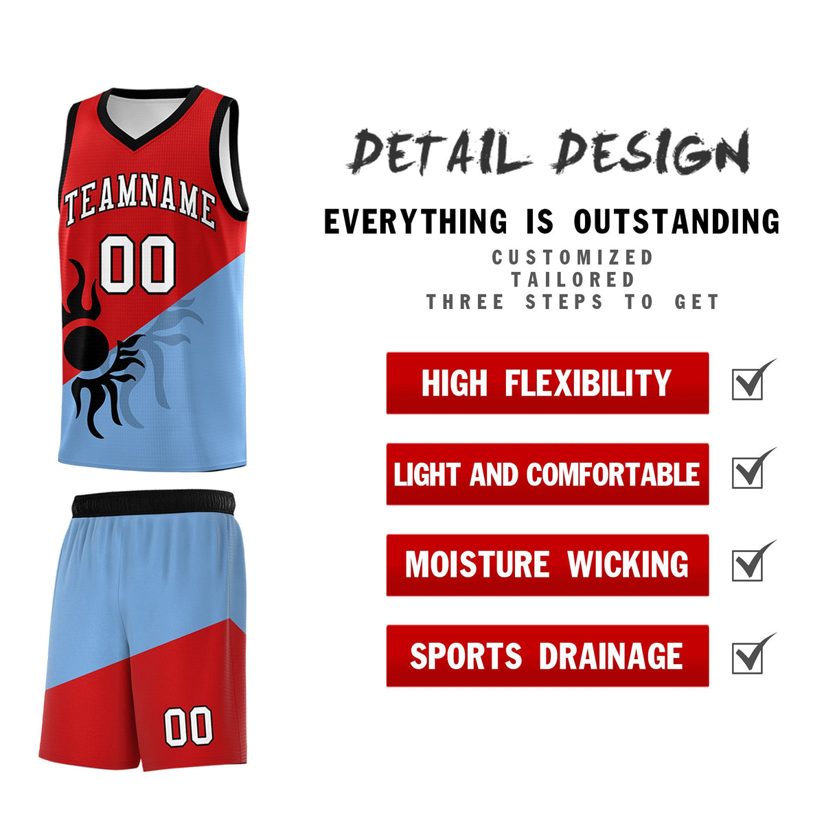 Custom Youth Basketball Jerseys - Red Powder Blue Radiant Sun Design Two Tone Uniforms