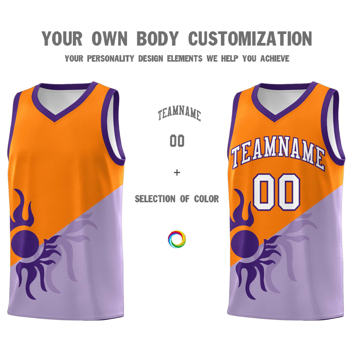 Custom Youth Basketball Jerseys - Light Purple Orange Radiant Sun Design Two Tone Uniforms