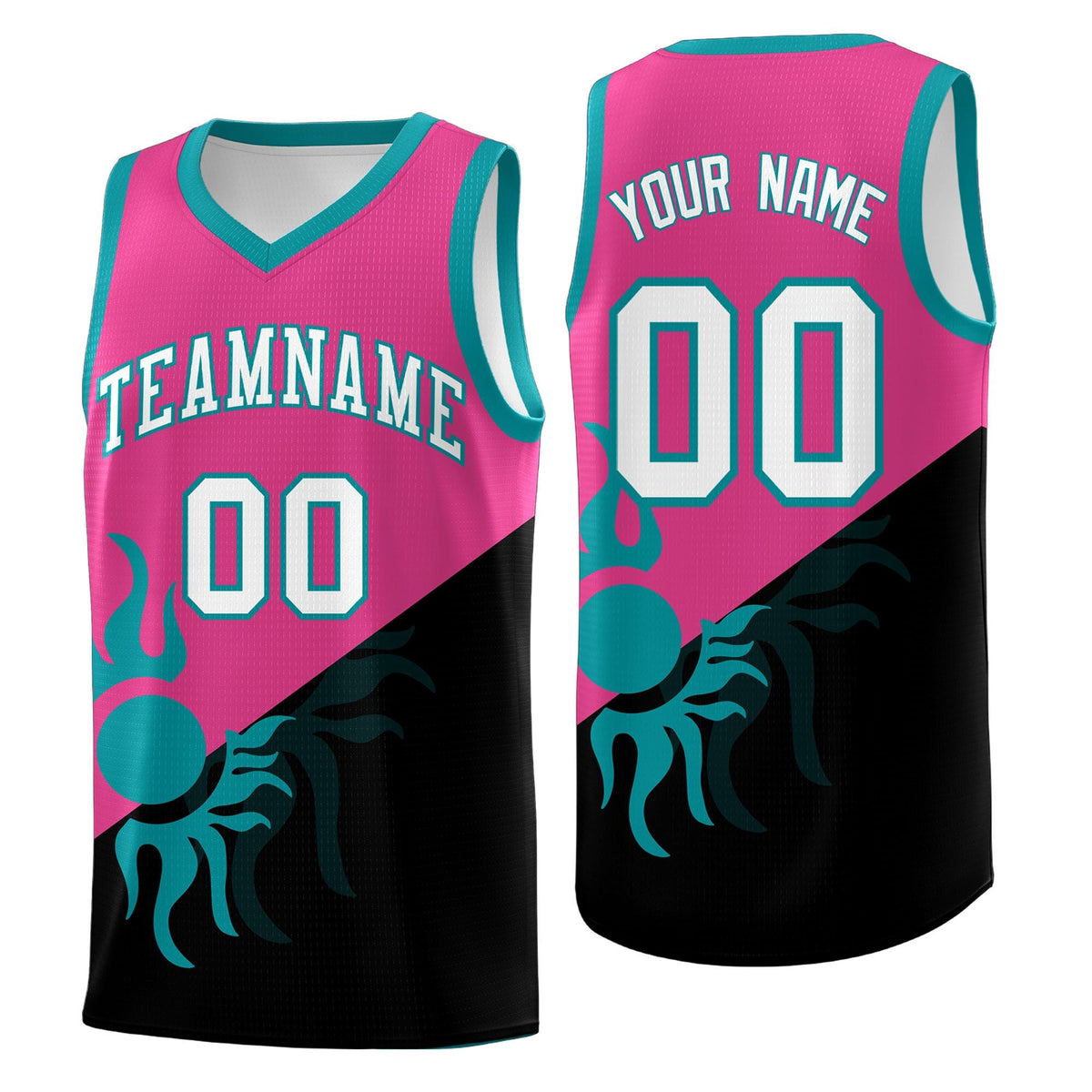 Custom Youth Basketball Jerseys - Rose Red Black Sunburst Design Two Tone Uniforms