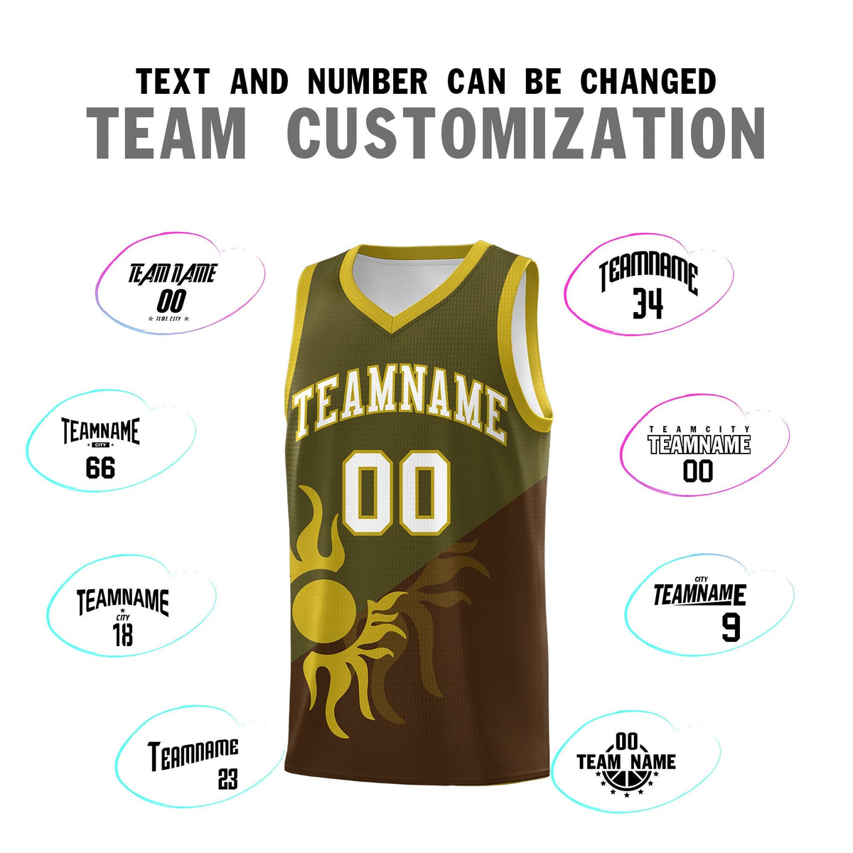 Custom Youth Basketball Jerseys - Brown Olive Radiant Sun Design Two Tone Uniforms