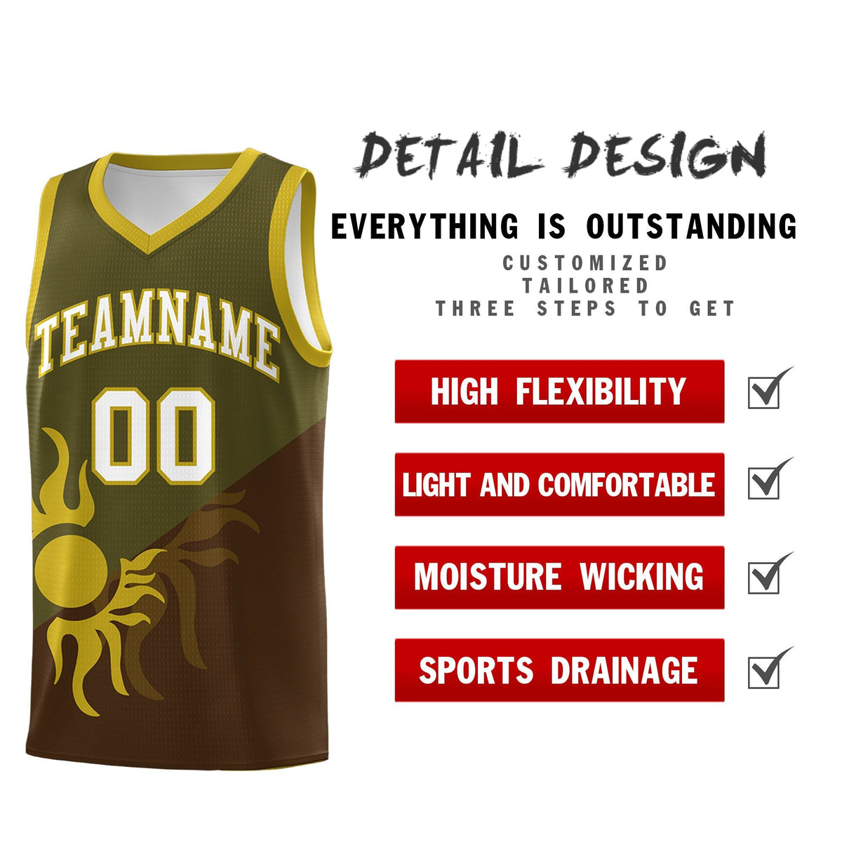 Custom Youth Basketball Jerseys - Brown Olive Radiant Sun Design Two Tone Uniforms