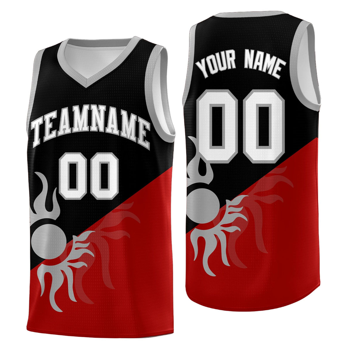 Custom Youth Basketball Jerseys - Black Red Sunburst Design Two Tone Uniforms