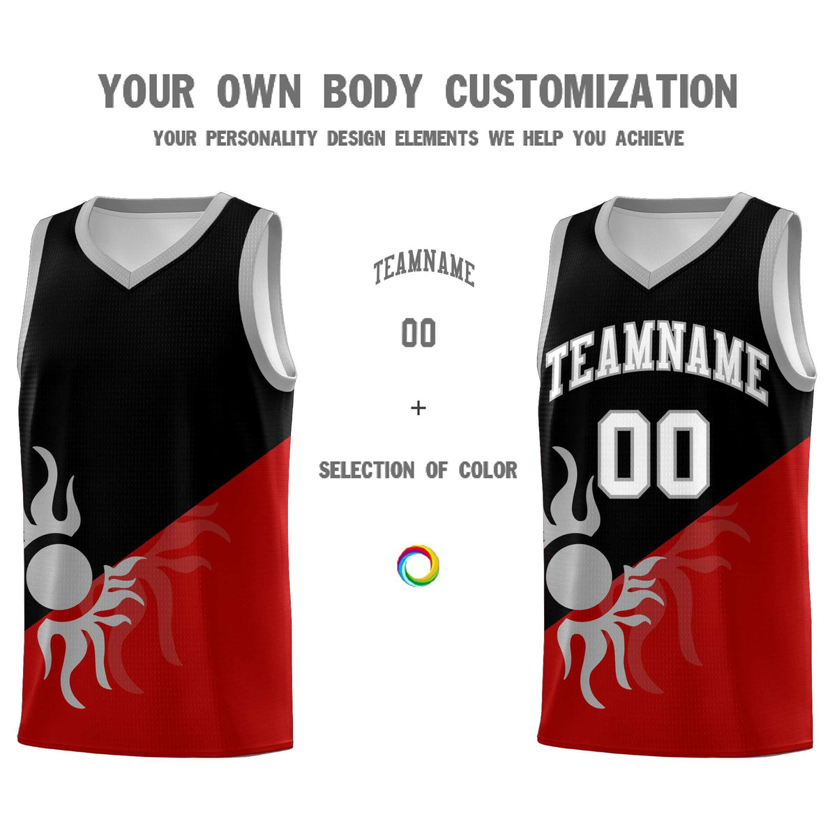 Custom Youth Basketball Jerseys - Black Red Sunburst Design Two Tone Uniforms