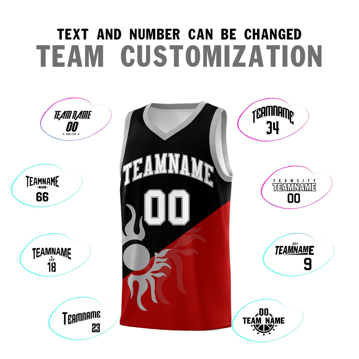 Custom Youth Basketball Jerseys - Black Red Sunburst Design Two Tone Uniforms