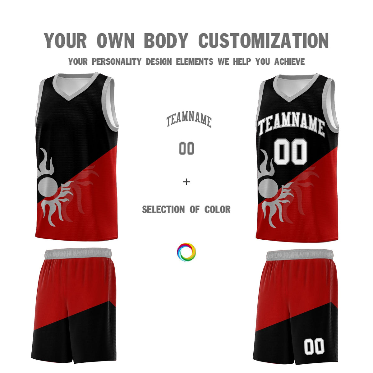 Custom Youth Basketball Jerseys - Black Red Sunburst Design Two Tone Uniforms