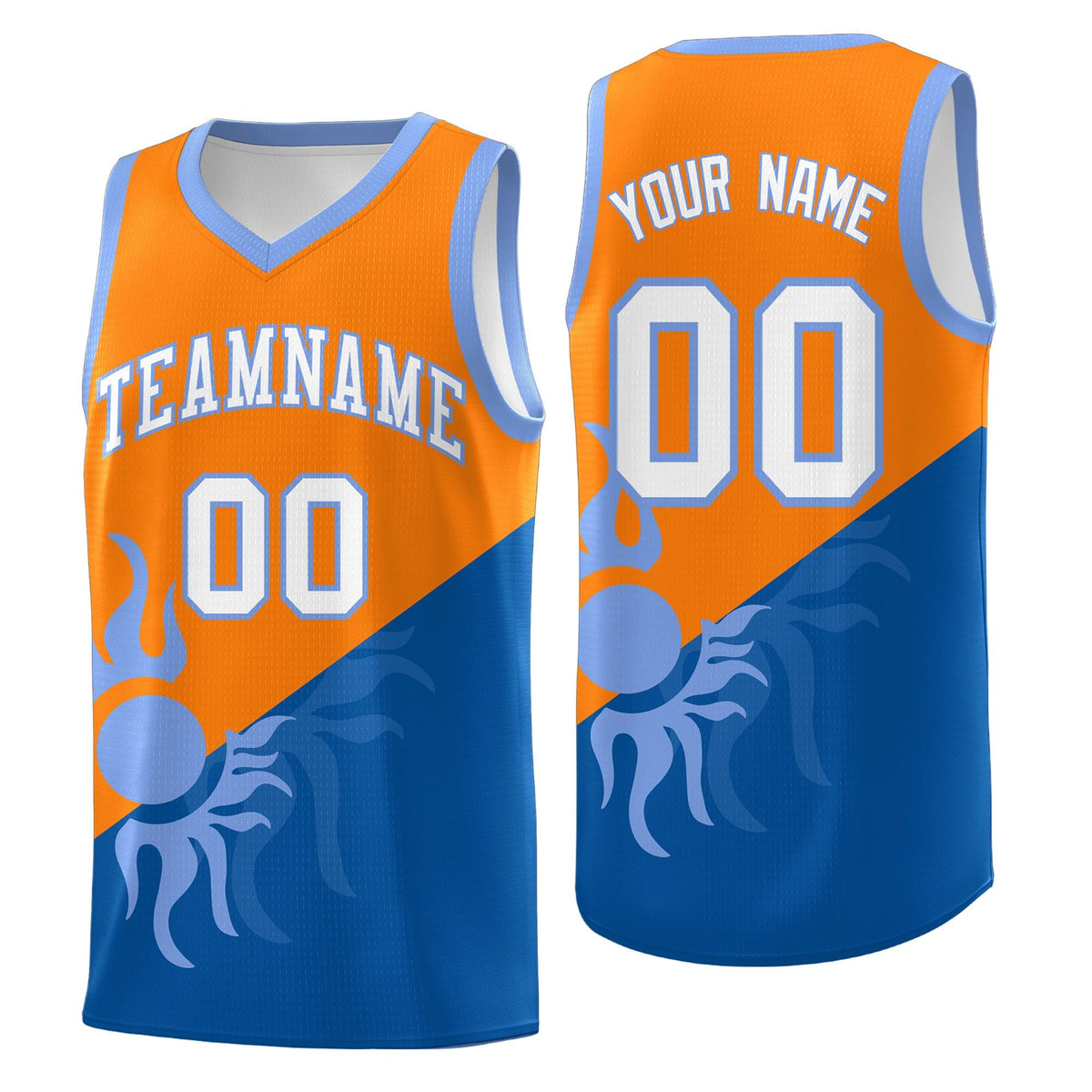 Custom Youth Basketball Jerseys - Royal Orange Sunburst Design Two Tone Uniforms