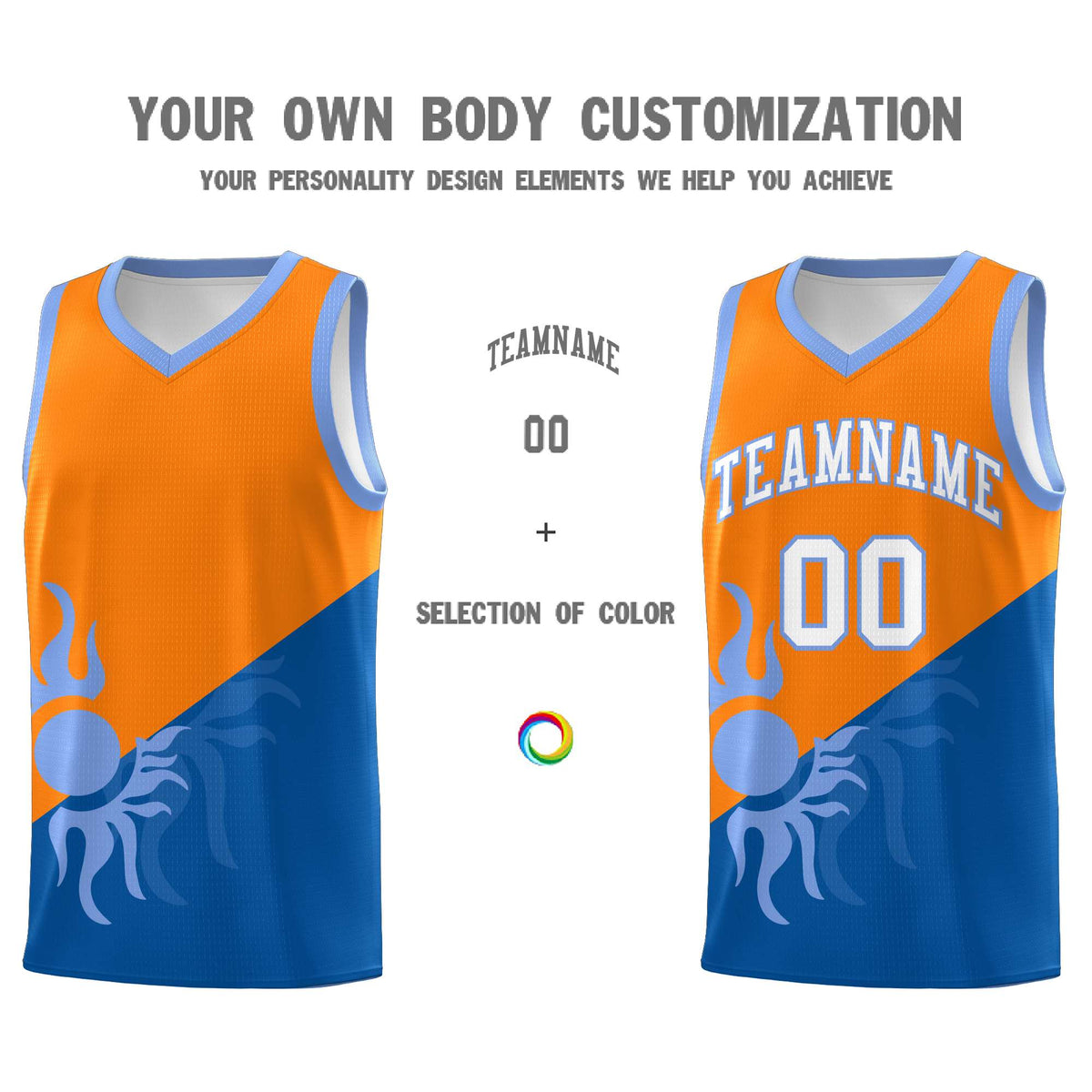 Custom Youth Basketball Jerseys - Royal Orange Sunburst Design Two Tone Uniforms