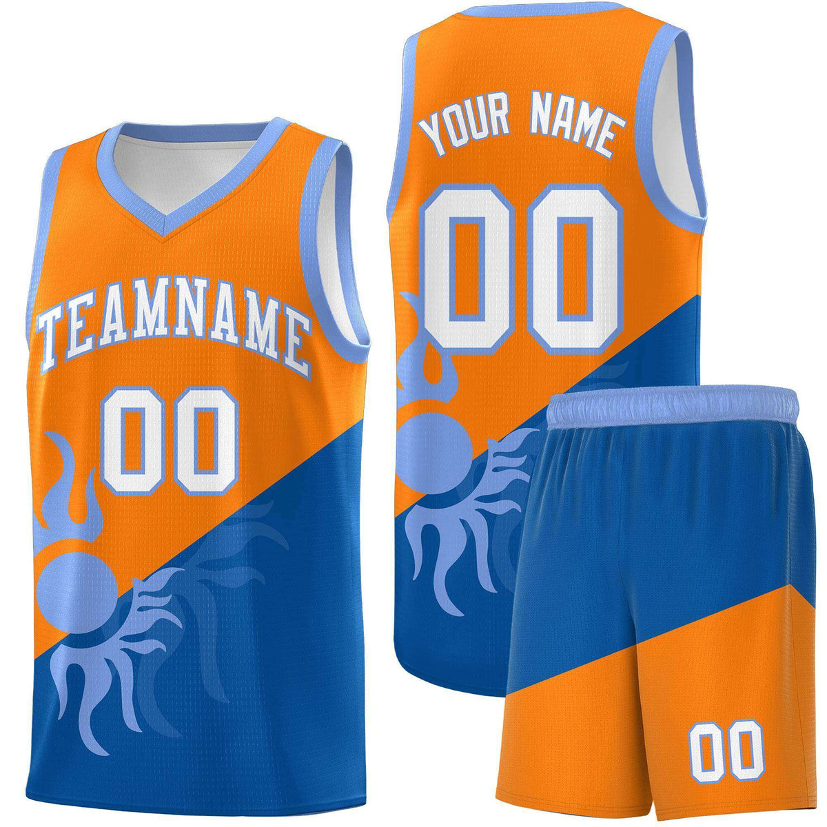 Custom Youth Basketball Jerseys - Royal Orange Sunburst Design Two Tone Uniforms