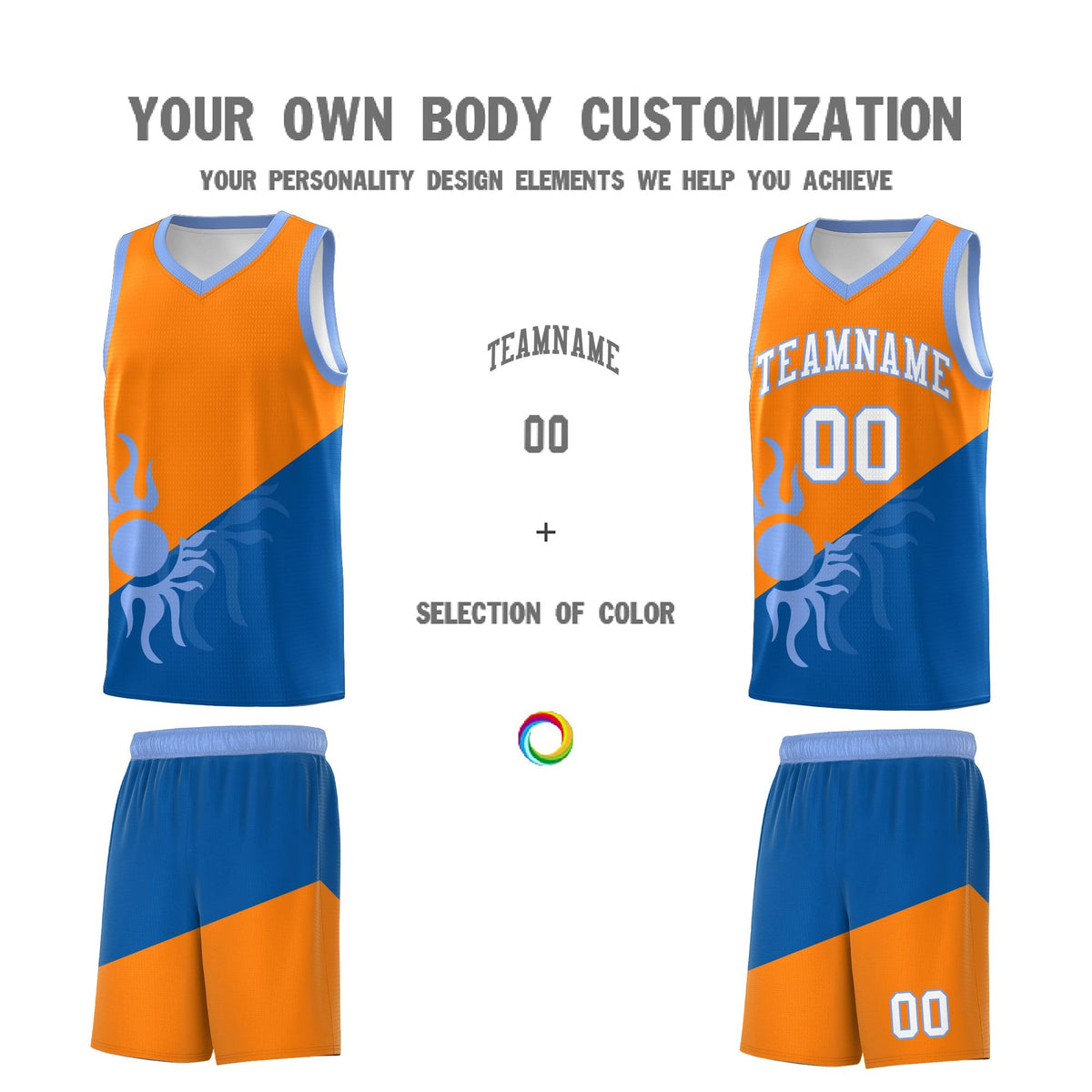 Custom Youth Basketball Jerseys - Royal Orange Sunburst Design Two Tone Uniforms
