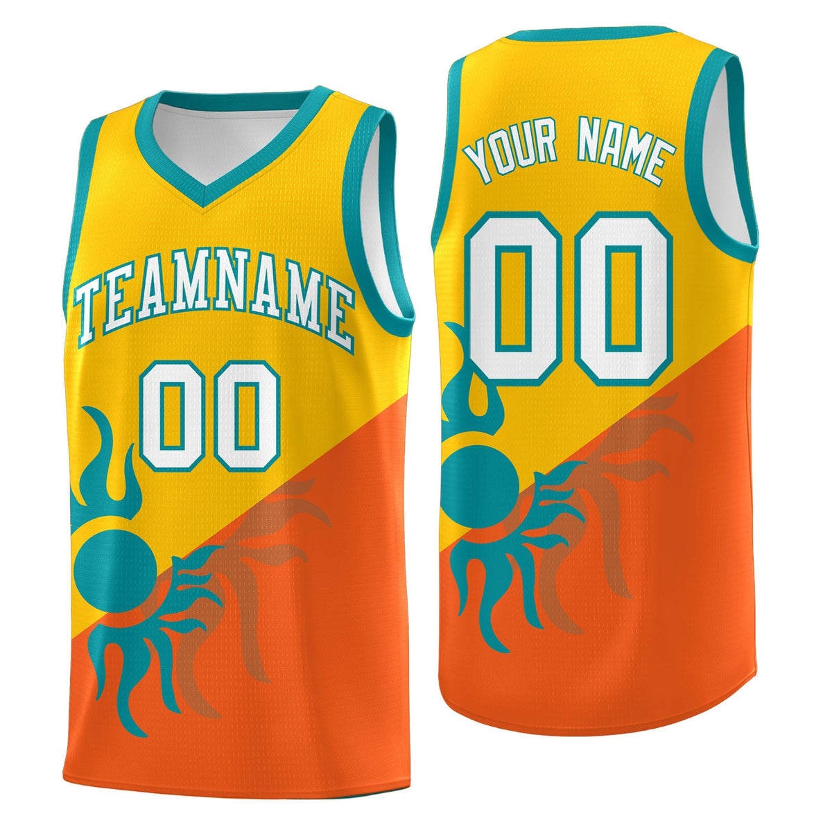 Custom Youth Basketball Jerseys - Yellow Orange Radiant Sun Design Two Tone Uniforms