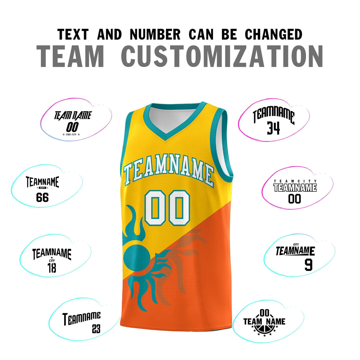 Custom Youth Basketball Jerseys - Yellow Orange Radiant Sun Design Two Tone Uniforms