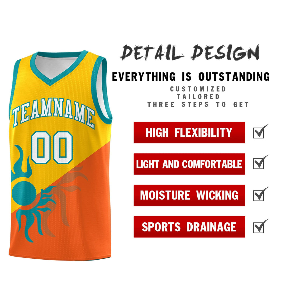 Custom Youth Basketball Jerseys - Yellow Orange Radiant Sun Design Two Tone Uniforms