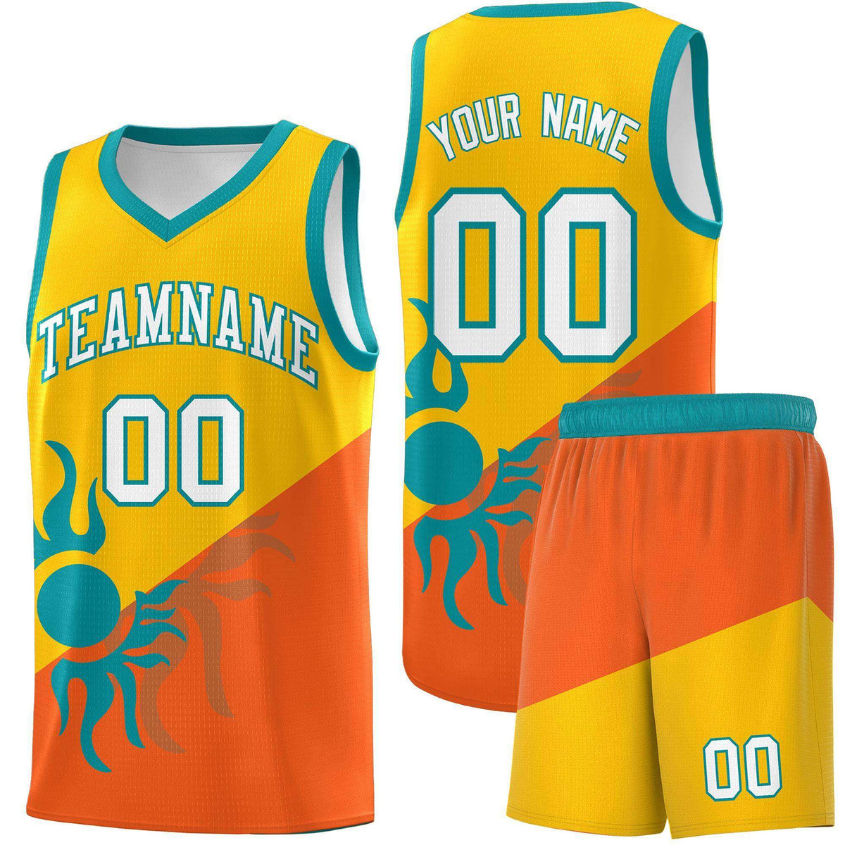 Custom Youth Basketball Jerseys - Yellow Orange Radiant Sun Design Two Tone Uniforms