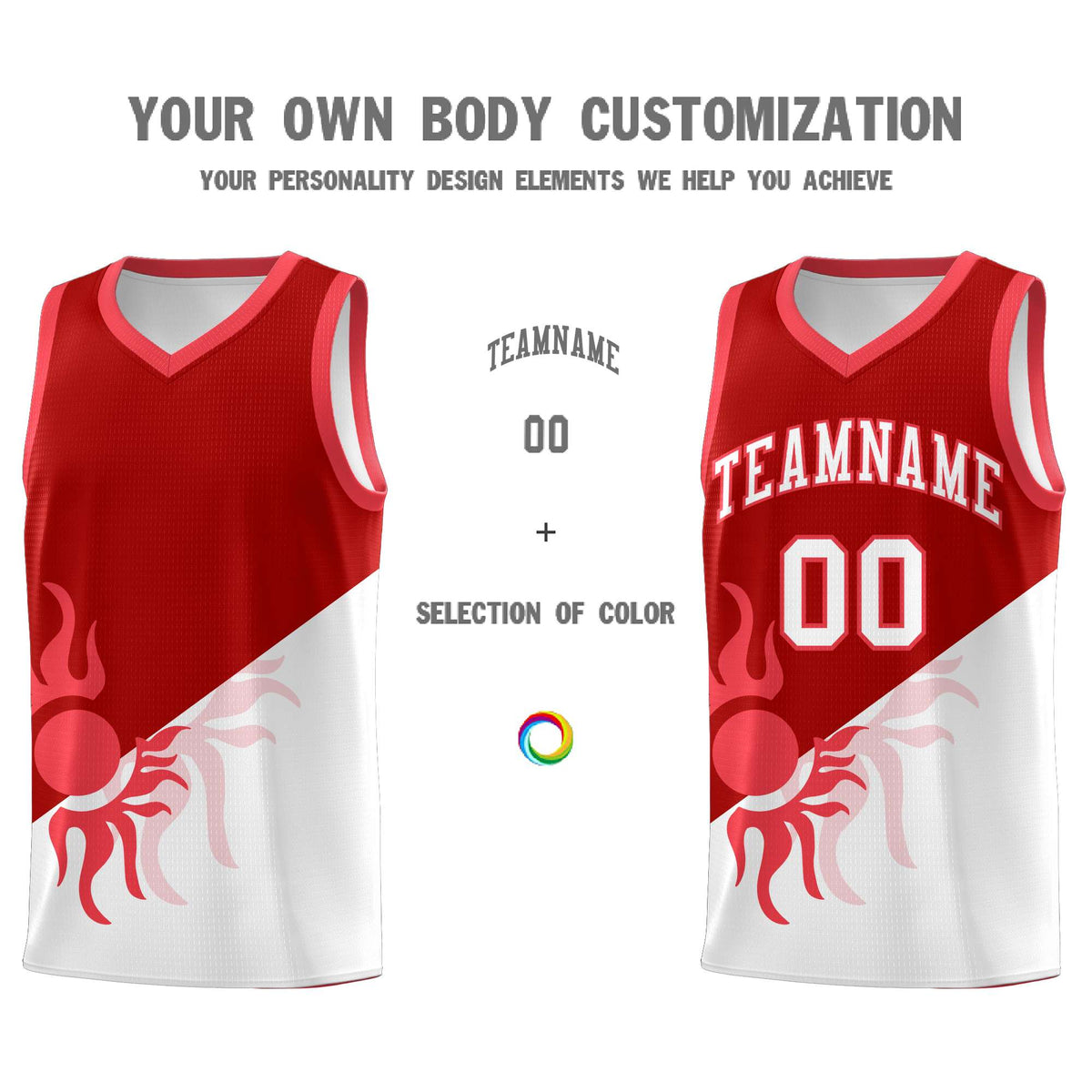 Custom Youth Basketball Jerseys - Red White Sunburst Design Two Tone Uniforms