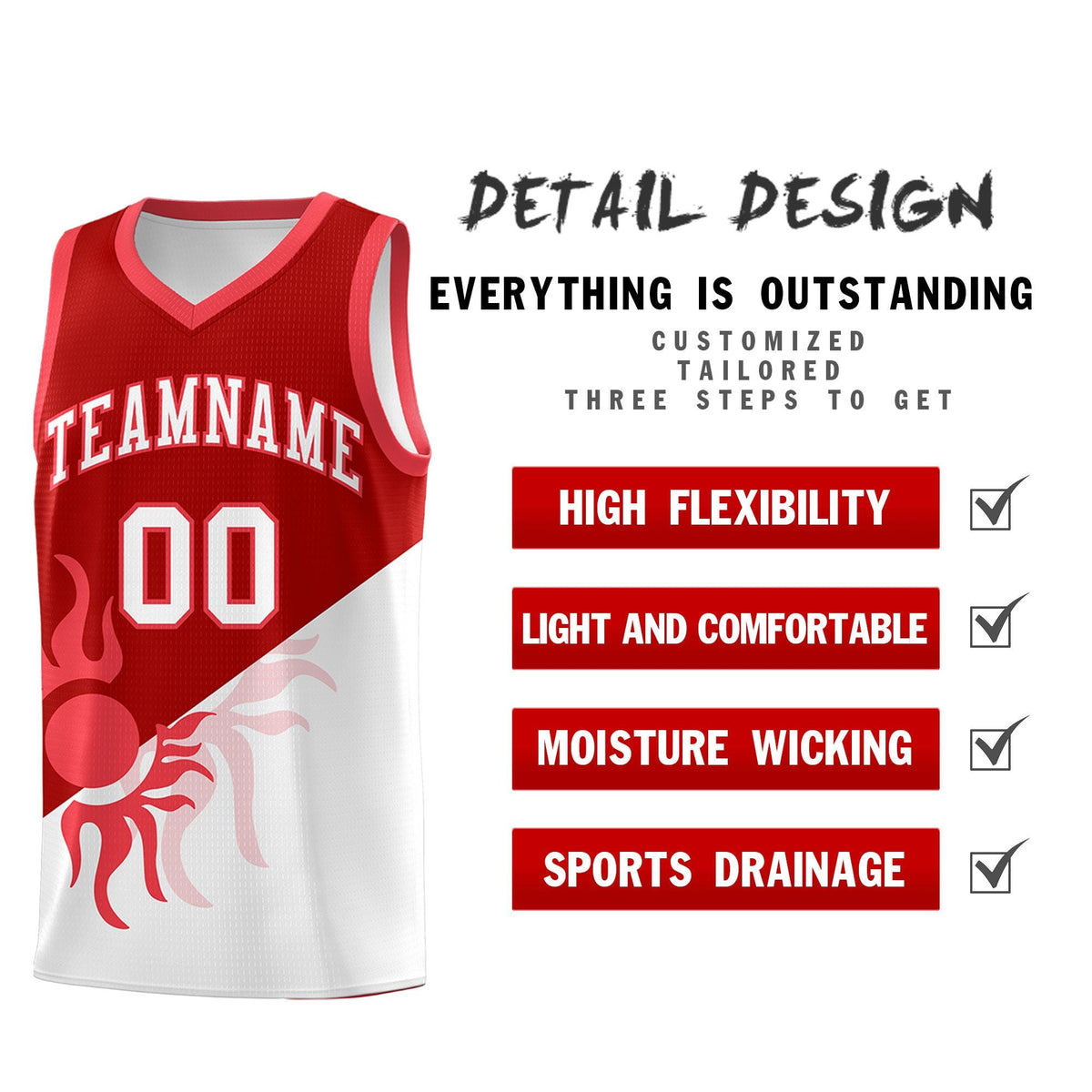 Custom Youth Basketball Jerseys - Red White Sunburst Design Two Tone Uniforms