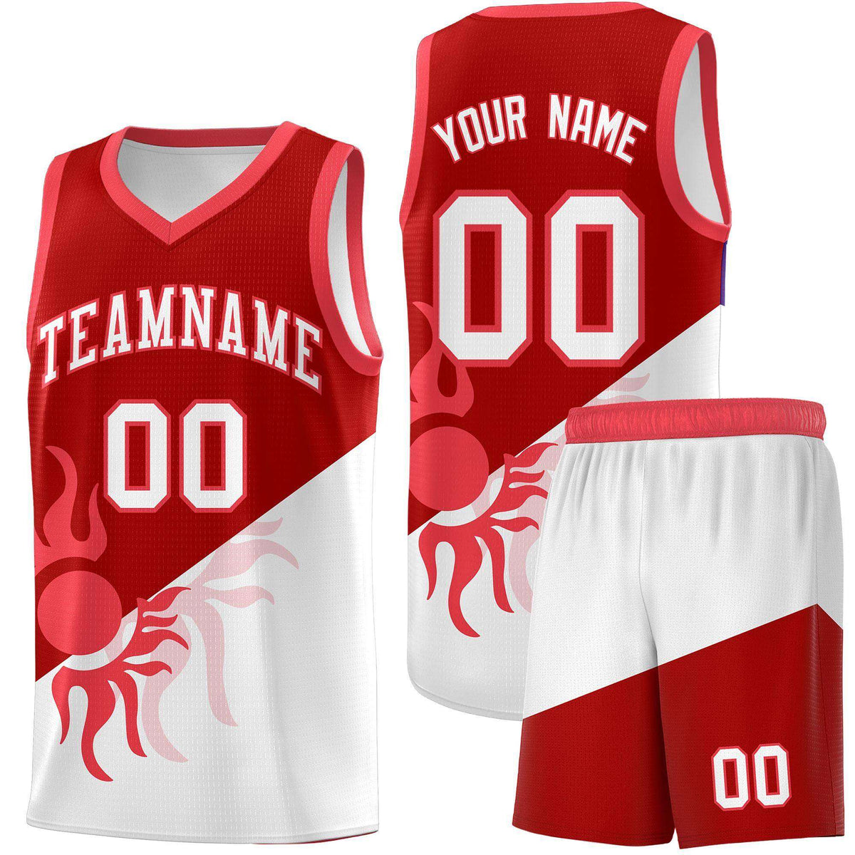 Custom Youth Basketball Jerseys - Red White Sunburst Design Two Tone Uniforms