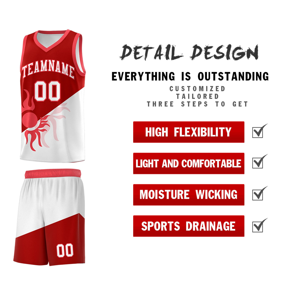 Custom Youth Basketball Jerseys - Red White Sunburst Design Two Tone Uniforms