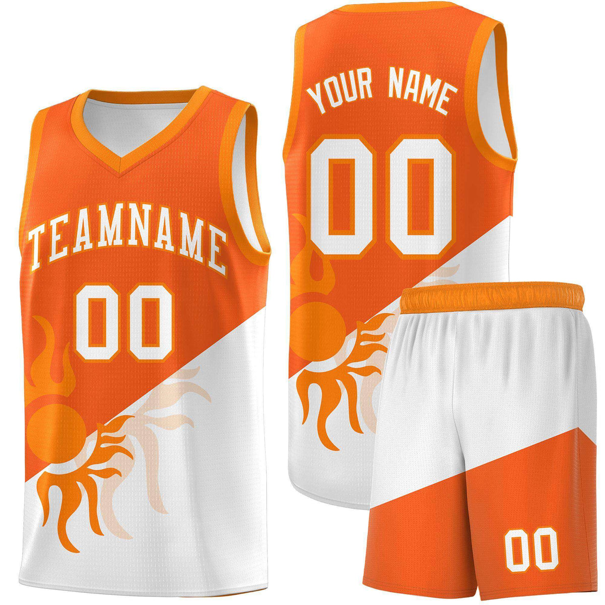 Custom Youth Basketball Jerseys - Orange White Radiant Sun Design Two Tone Uniforms