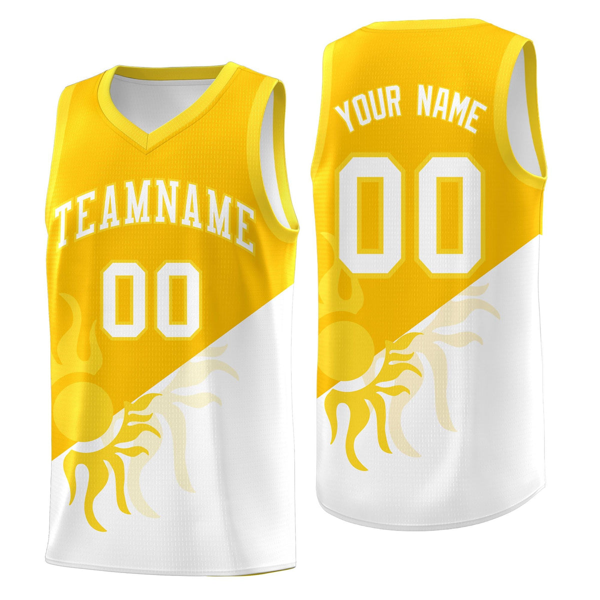 Custom Youth Basketball Jerseys - Yellow White Sunburst Design Two Tone Uniforms