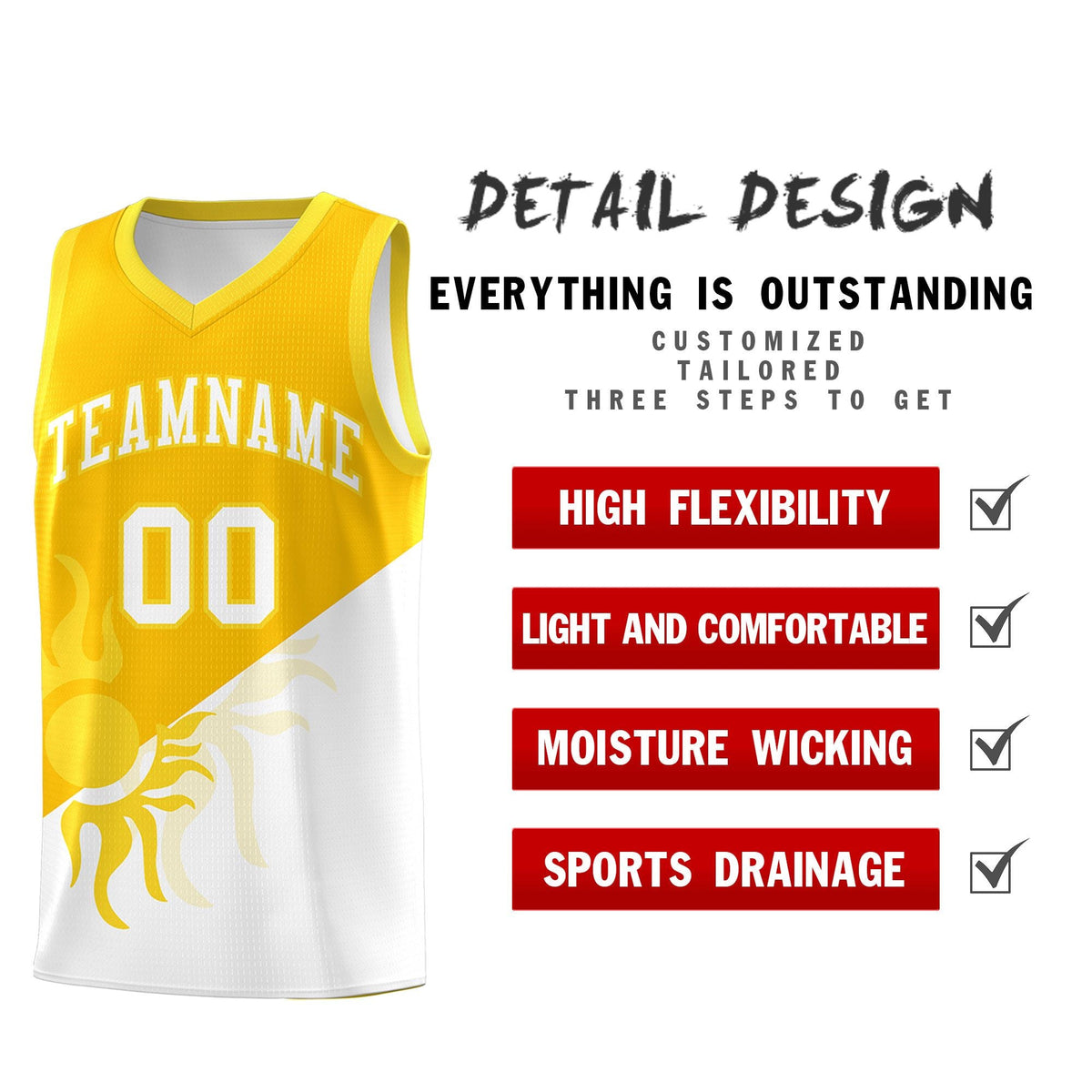 Custom Youth Basketball Jerseys - Yellow White Sunburst Design Two Tone Uniforms