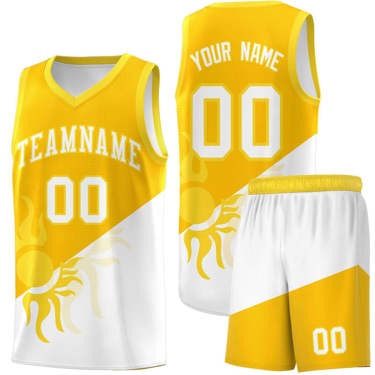Custom Youth Basketball Jerseys - Yellow White Sunburst Design Two Tone Uniforms