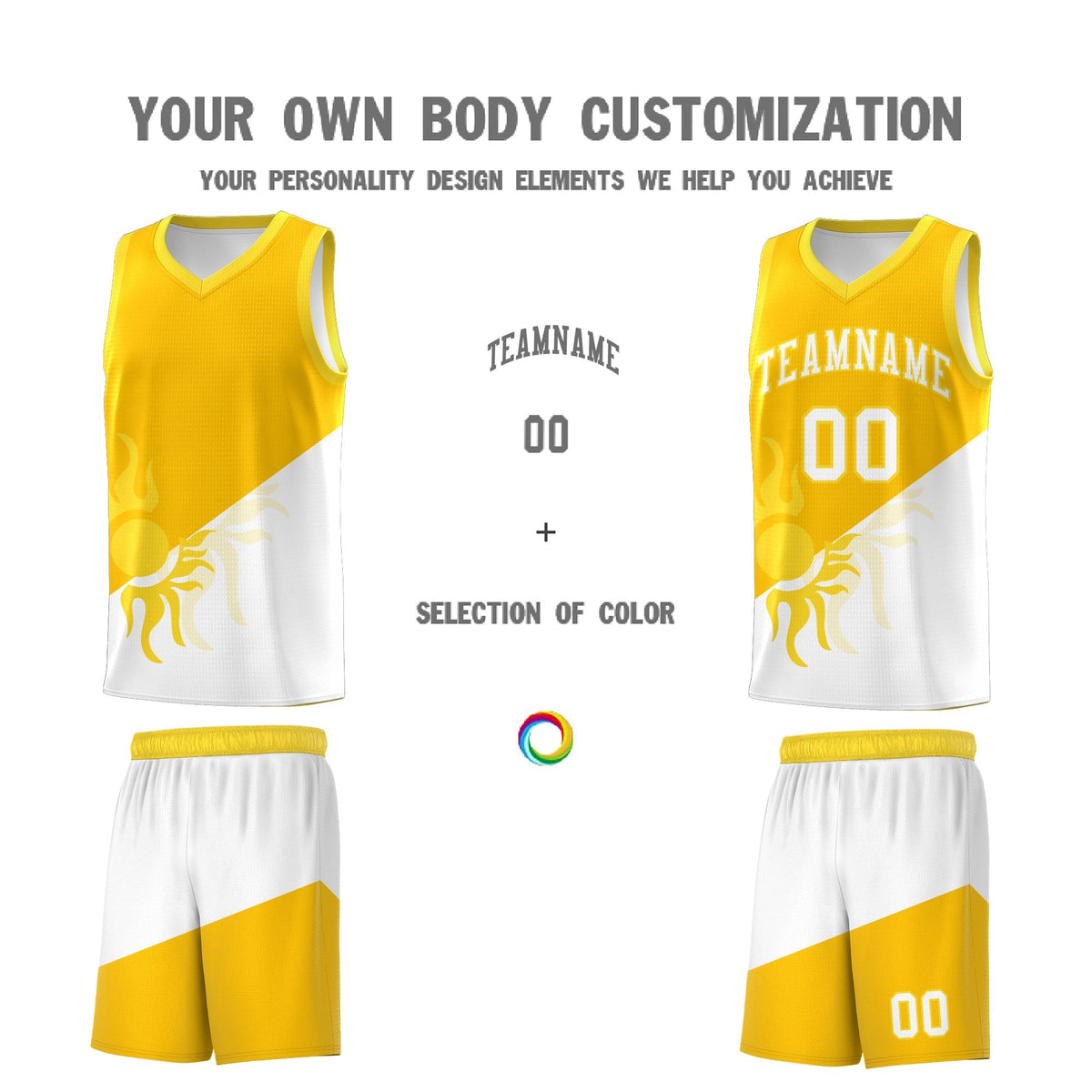 Custom Youth Basketball Jerseys - Yellow White Sunburst Design Two Tone Uniforms