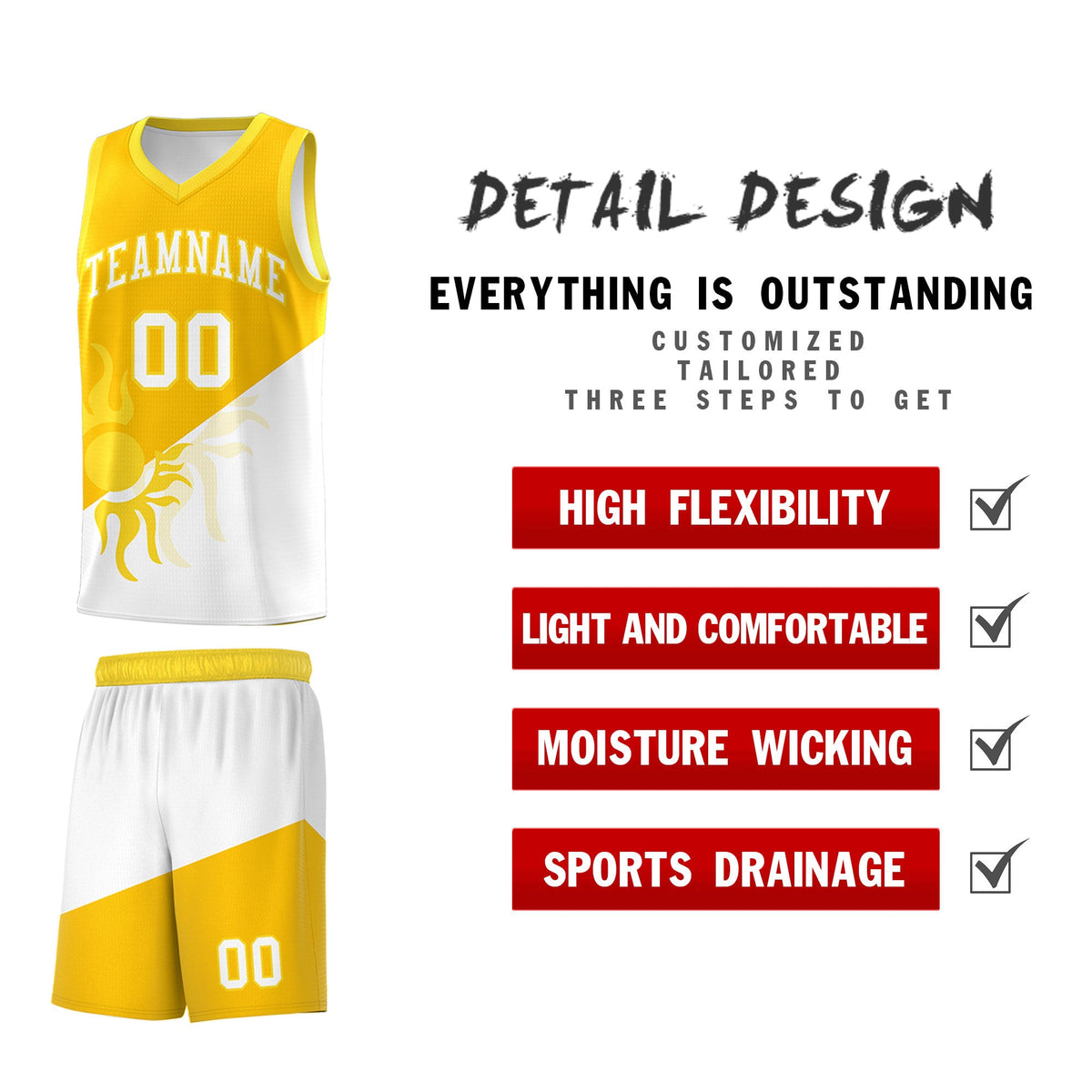 Custom Youth Basketball Jerseys - Yellow White Sunburst Design Two Tone Uniforms
