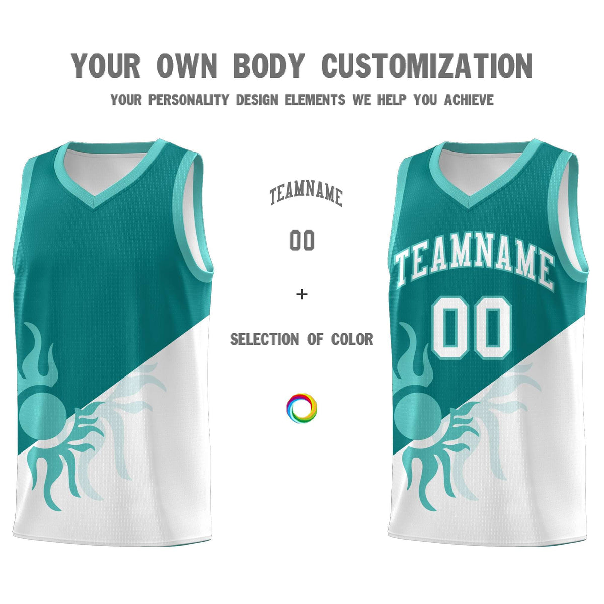 Custom Youth Basketball Jerseys - Teal White Sunburst Design Two Tone Uniforms