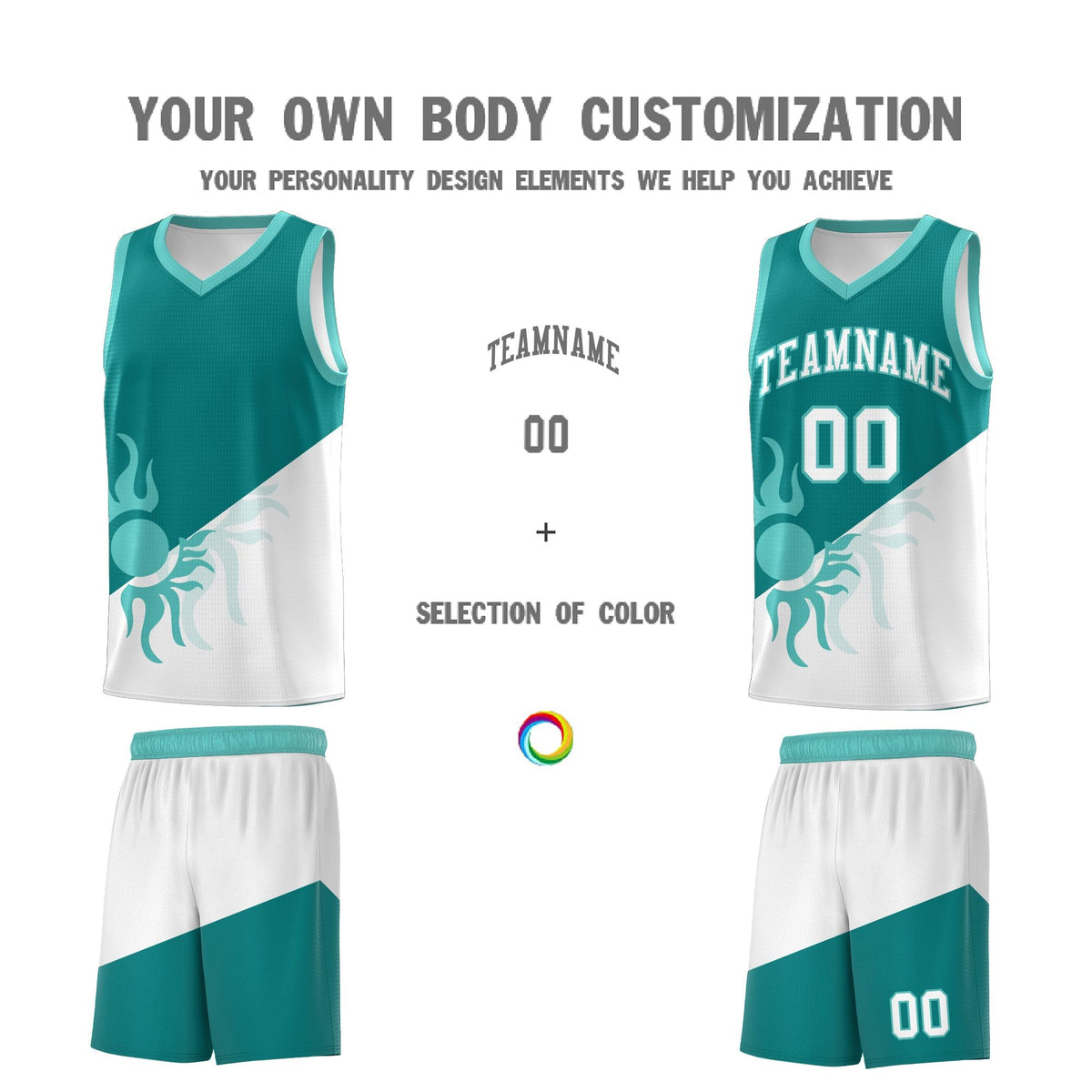 Custom Youth Basketball Jerseys - Teal White Sunburst Design Two Tone Uniforms