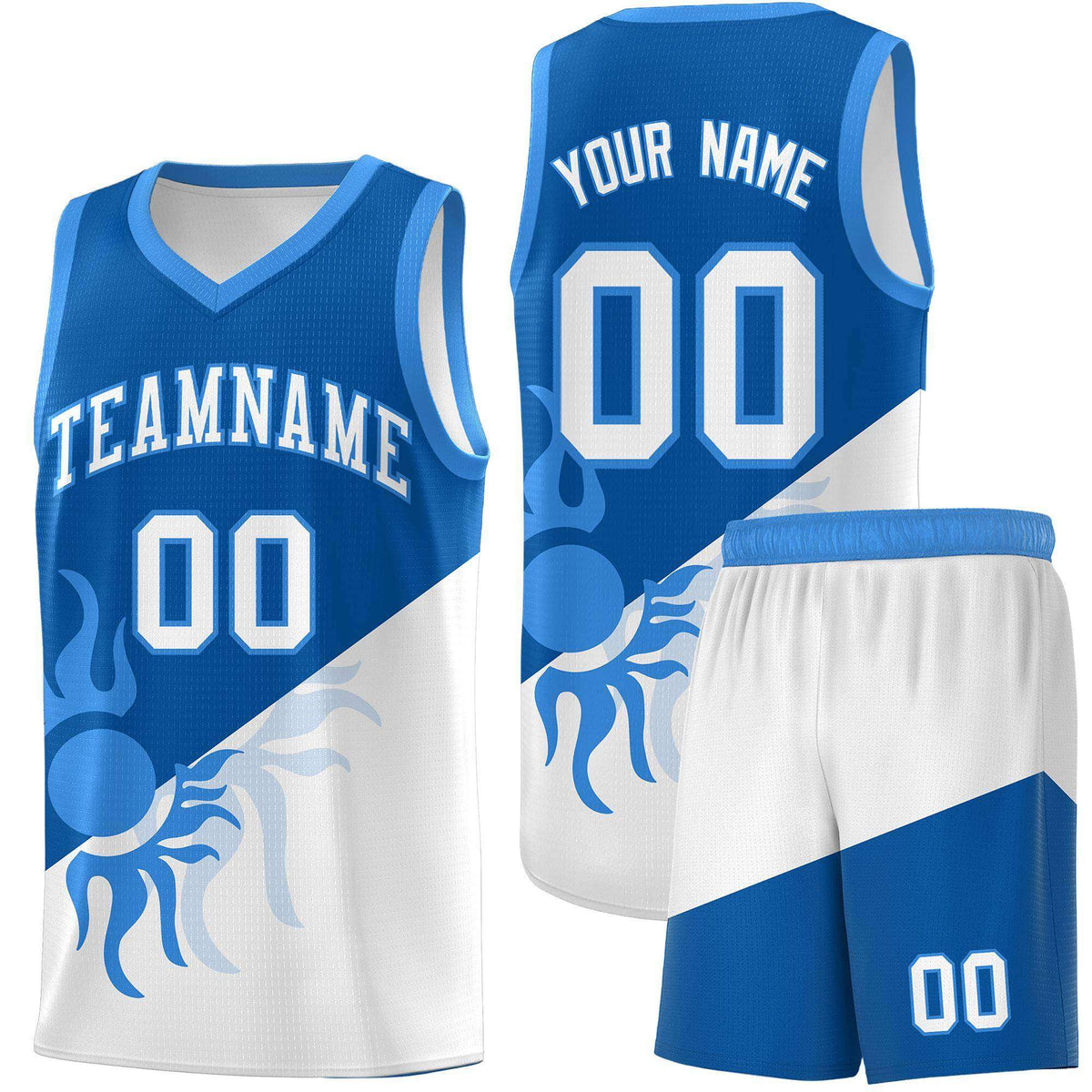 Custom Youth Basketball Jerseys - Royal White Radiant Sun Design Two Tone Uniforms
