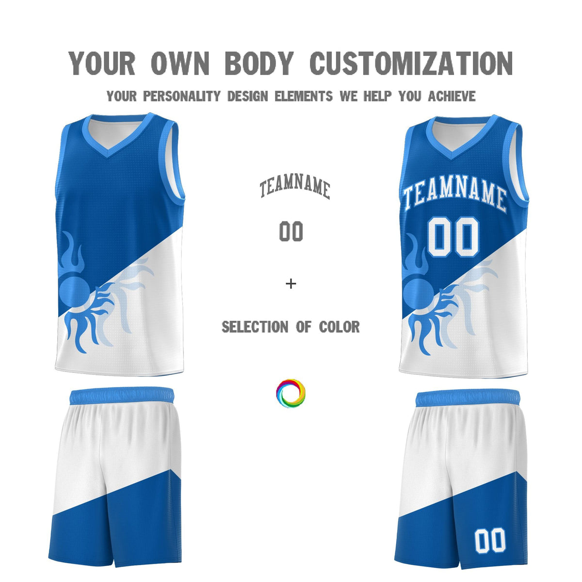 Custom Youth Basketball Jerseys - Royal White Radiant Sun Design Two Tone Uniforms