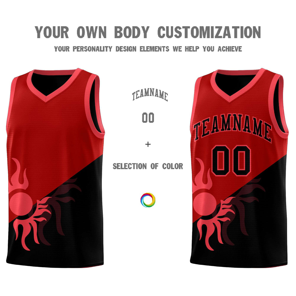 Custom Youth Basketball Jerseys - Red Black Sunburst Design Two Tone Uniforms