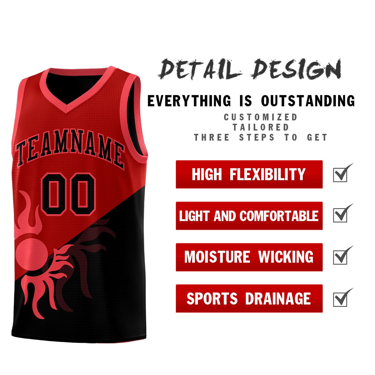 Custom Youth Basketball Jerseys - Red Black Sunburst Design Two Tone Uniforms