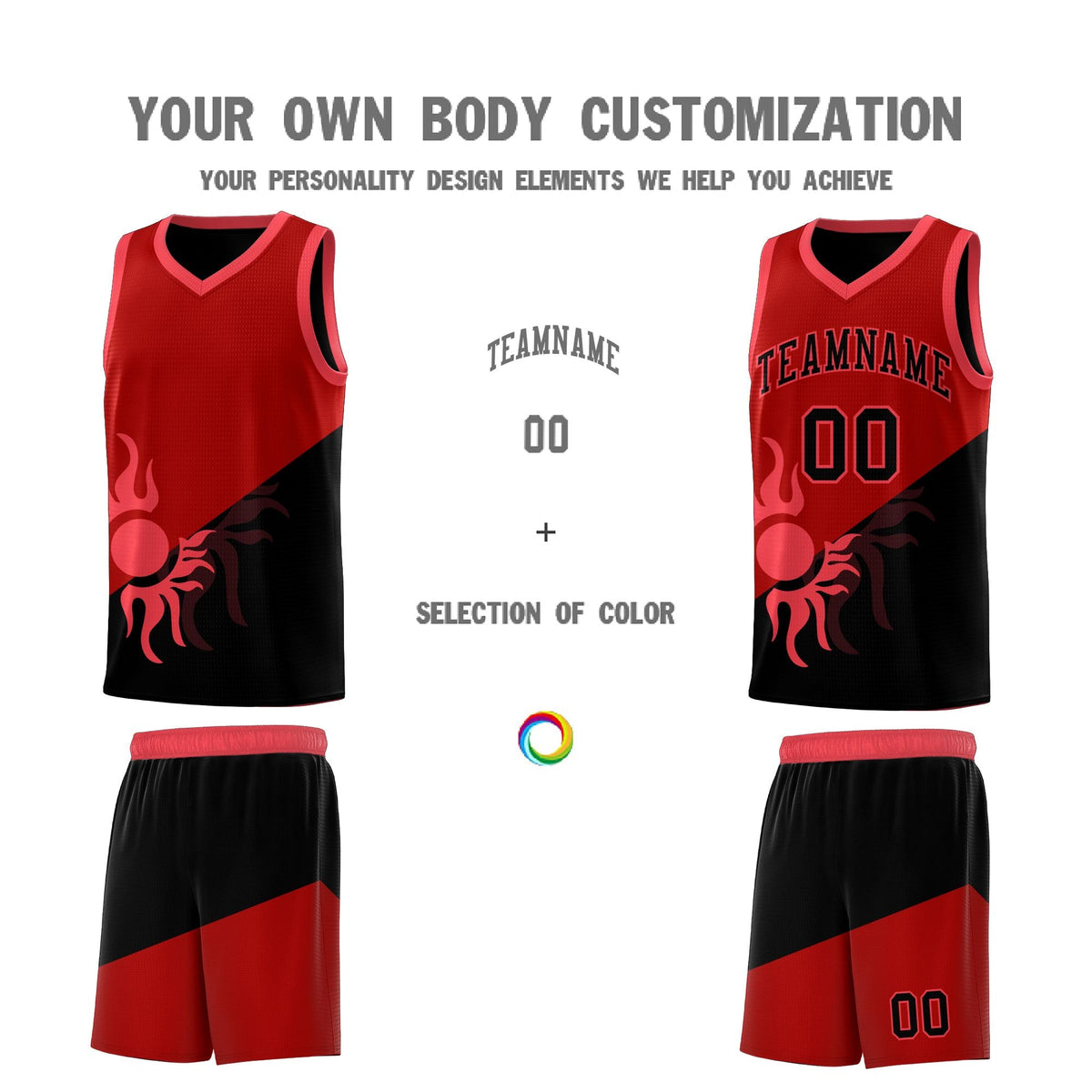 Custom Youth Basketball Jerseys - Red Black Sunburst Design Two Tone Uniforms
