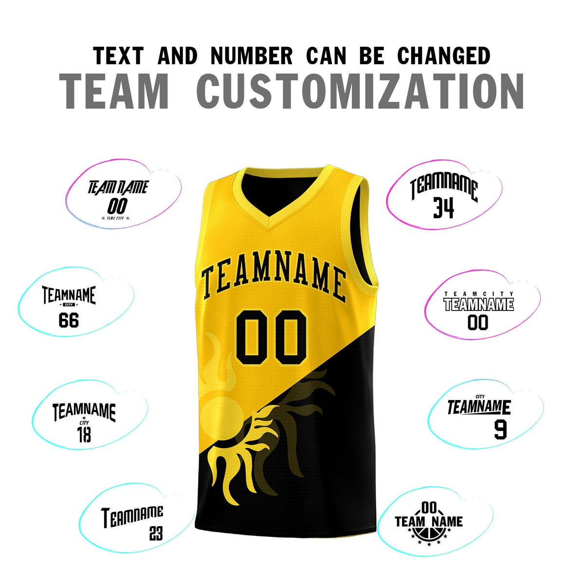 Custom Youth Basketball Jerseys - Yellow Black Sunburst Design Two Tone Uniforms