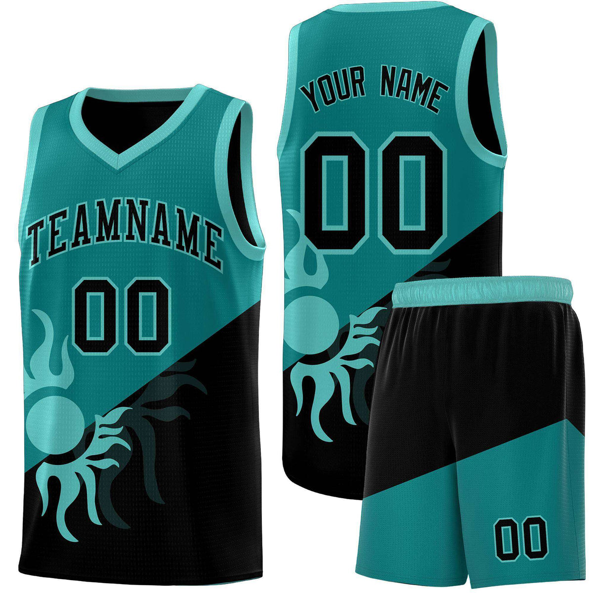 Custom Youth Basketball Jerseys - Teal Black Sunburst Design Two Tone Uniforms