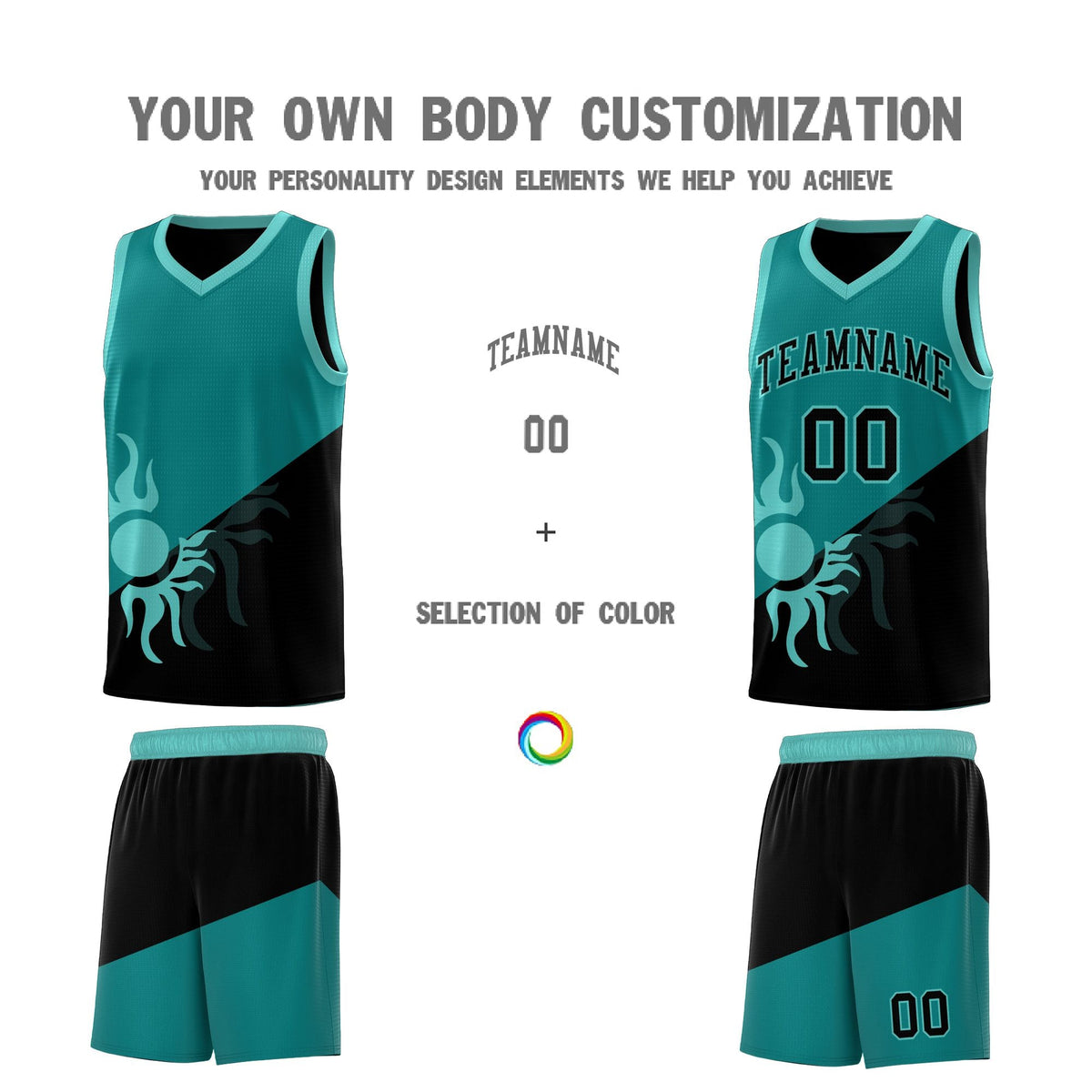 Custom Youth Basketball Jerseys - Teal Black Sunburst Design Two Tone Uniforms
