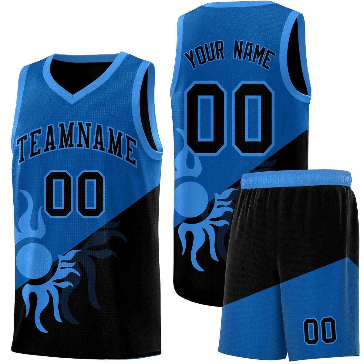 Custom Youth Basketball Jerseys - Royal Black Radiant Sun Design Two Tone Uniforms
