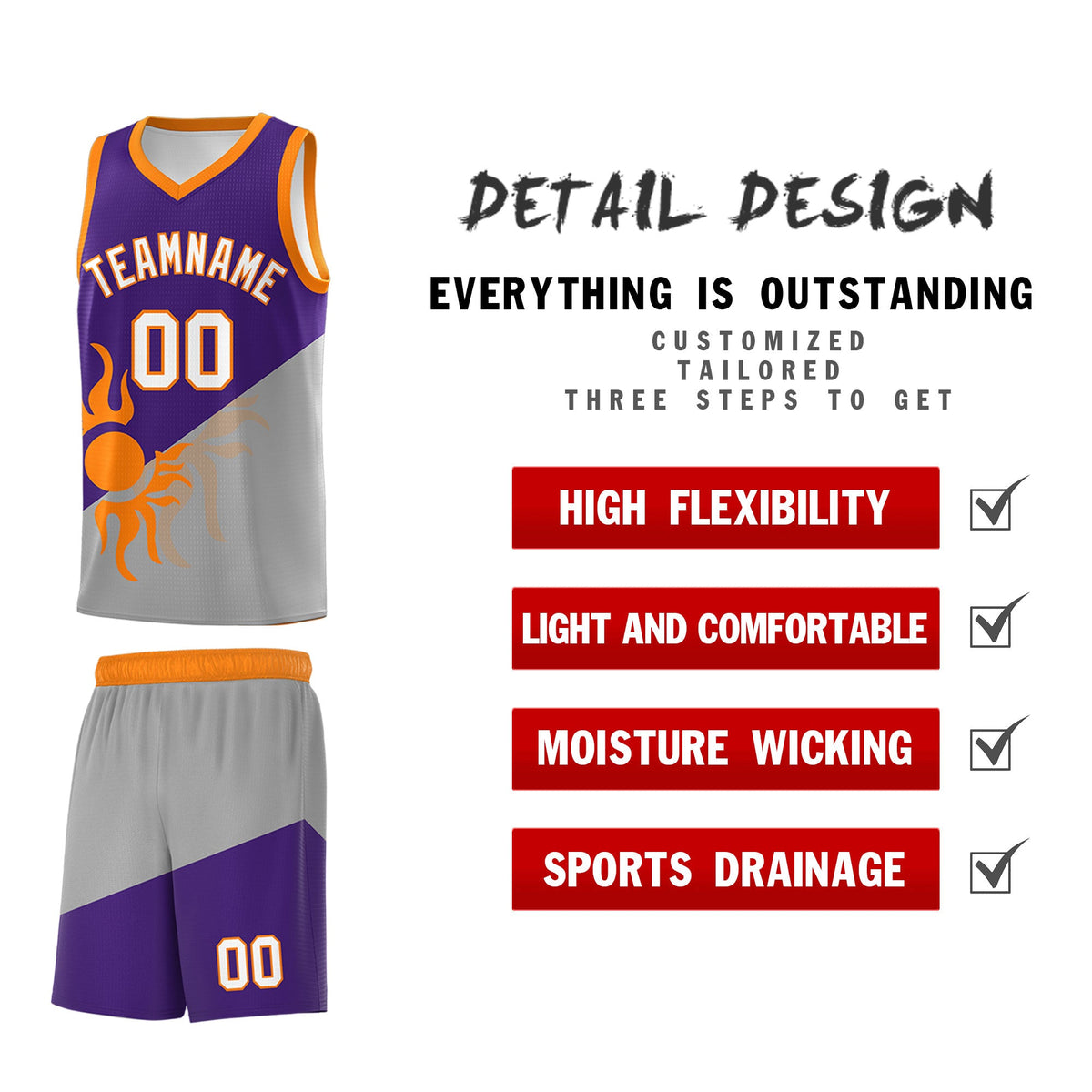 Custom Youth Basketball Jerseys - Purple Gray Sunburst Design Two Tone Uniforms
