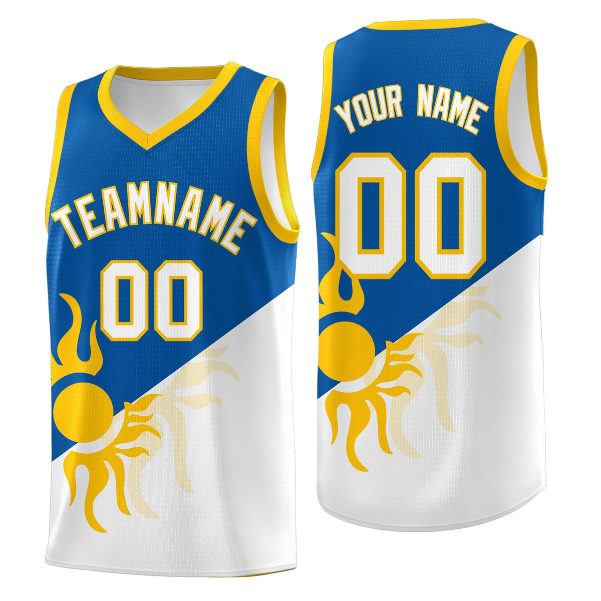 Custom Youth Basketball Jerseys - Royal White Radiant Sun Design Two Tone Uniforms