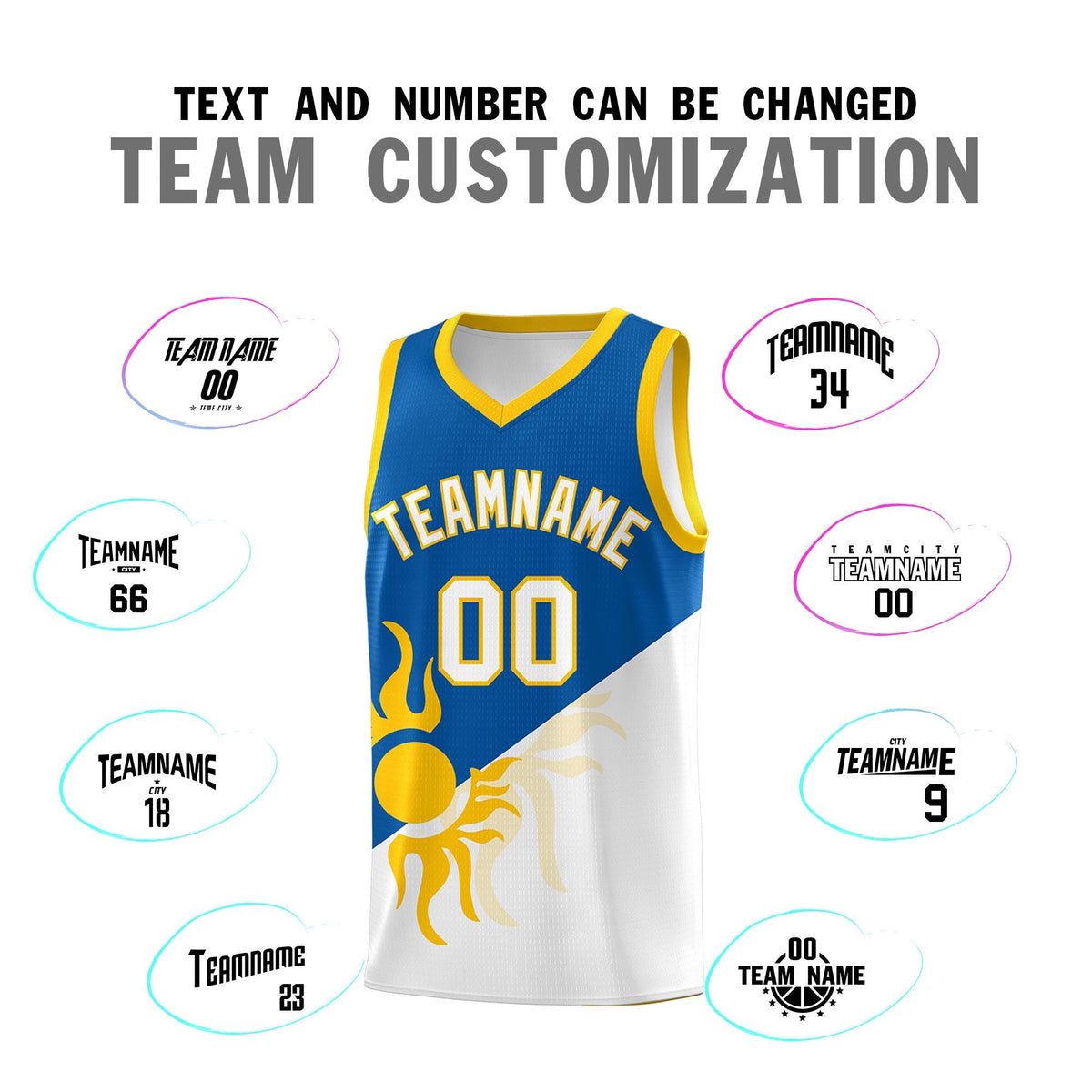 Custom Youth Basketball Jerseys - Royal White Radiant Sun Design Two Tone Uniforms