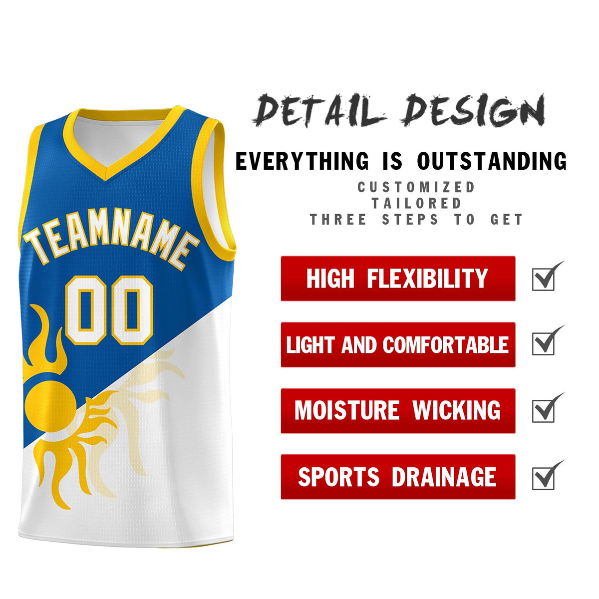 Custom Youth Basketball Jerseys - Royal White Radiant Sun Design Two Tone Uniforms