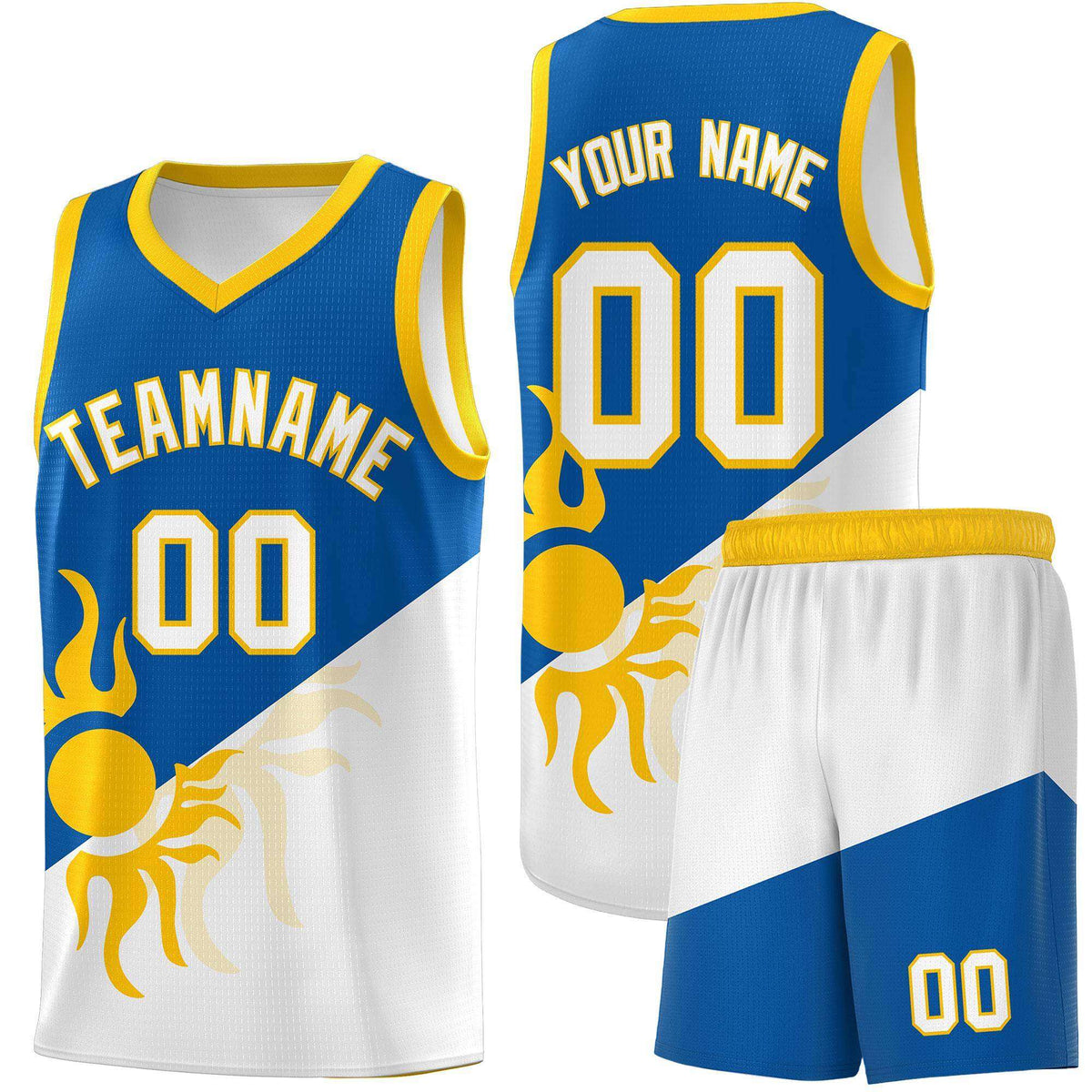 Custom Youth Basketball Jerseys - Royal White Radiant Sun Design Two Tone Uniforms