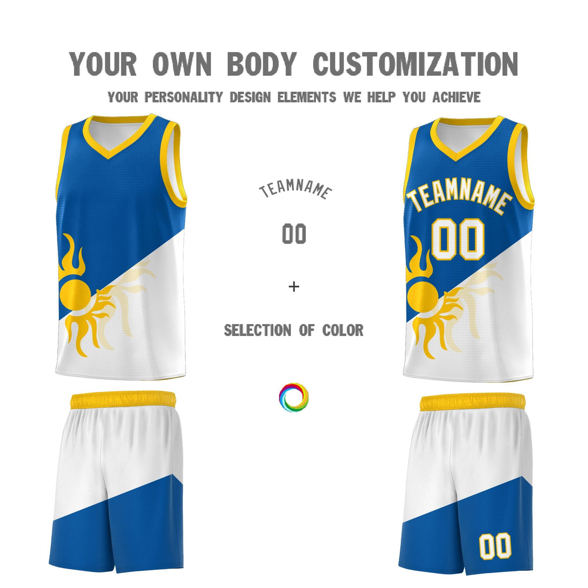 Custom Youth Basketball Jerseys - Royal White Radiant Sun Design Two Tone Uniforms