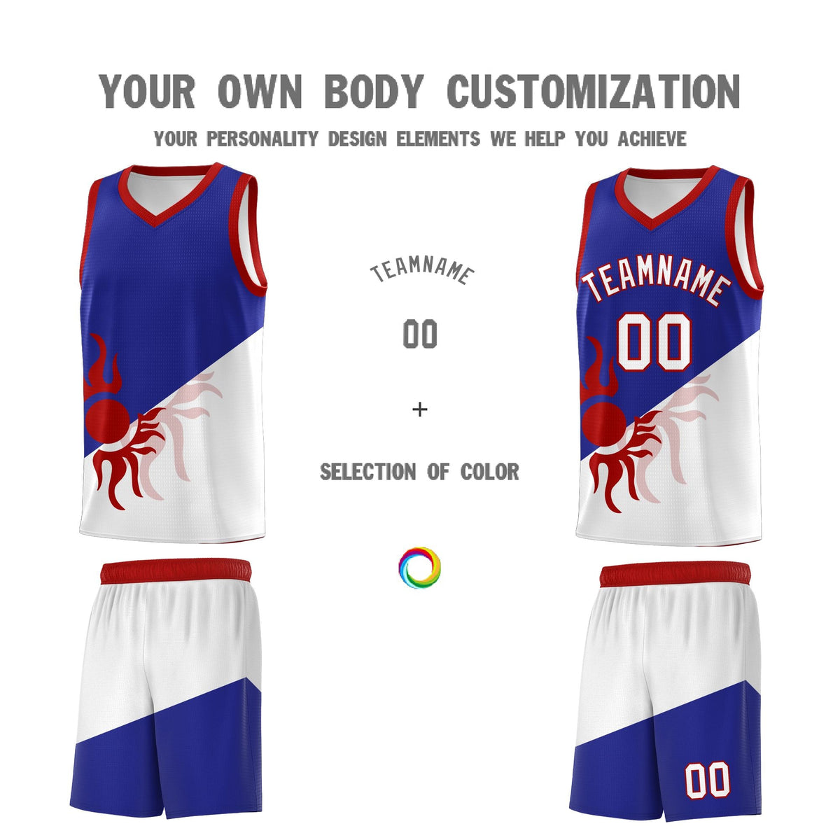 Custom Youth Basketball Jerseys - Royal White Radiant Sun Design Two Tone Uniforms