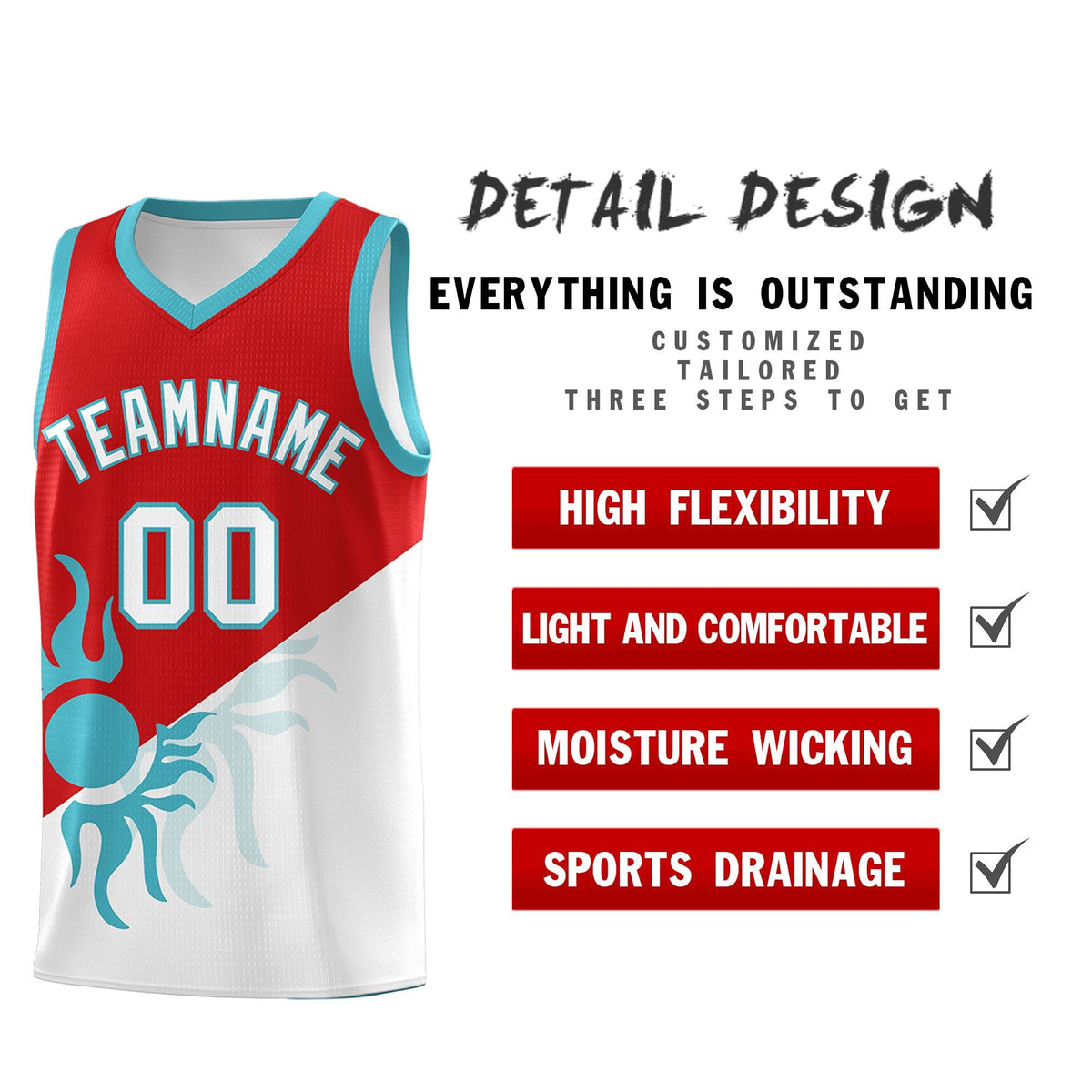 Custom Youth Basketball Jerseys - Red White Radiant Sun Design Two Tone Uniforms