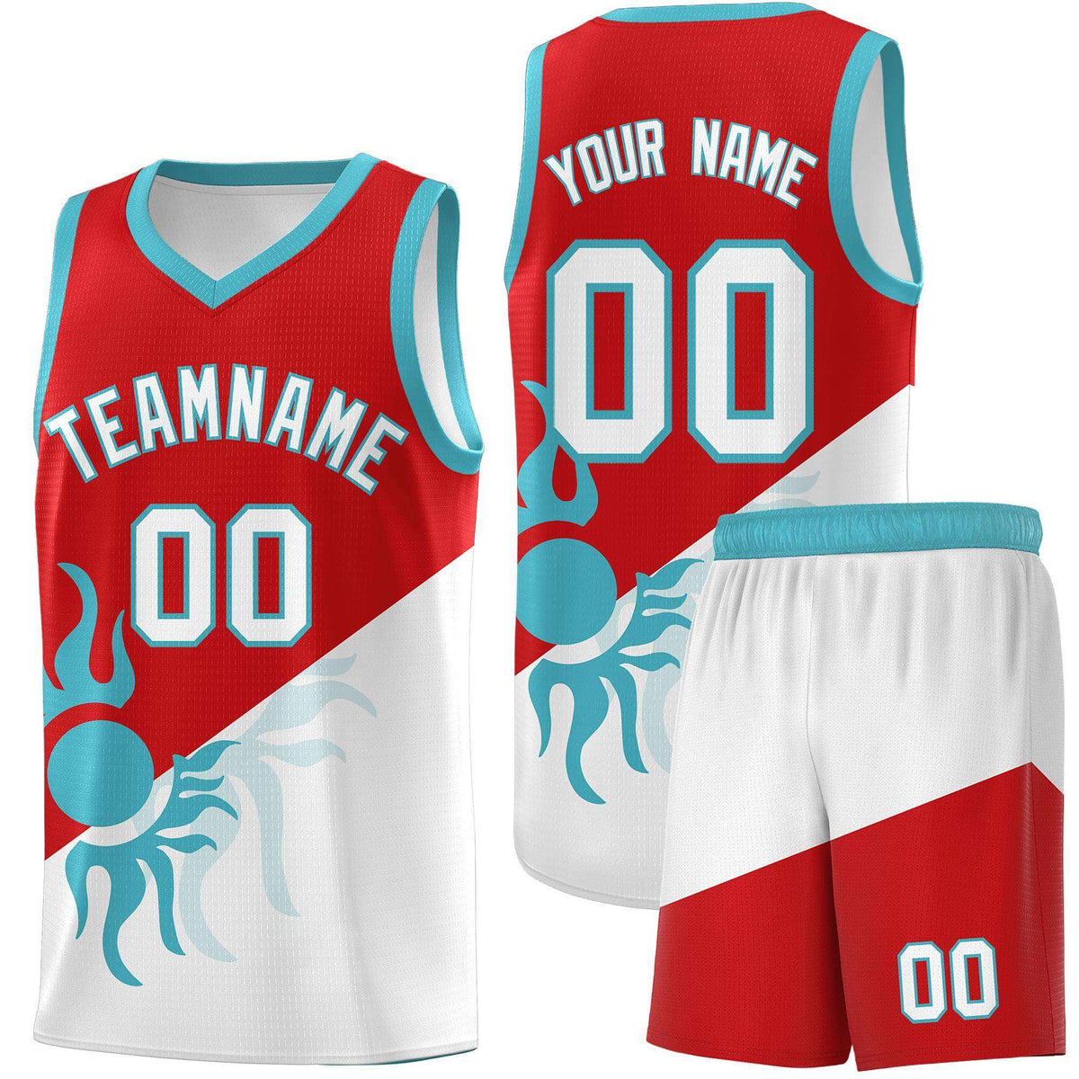 Custom Youth Basketball Jerseys - Red White Radiant Sun Design Two Tone Uniforms