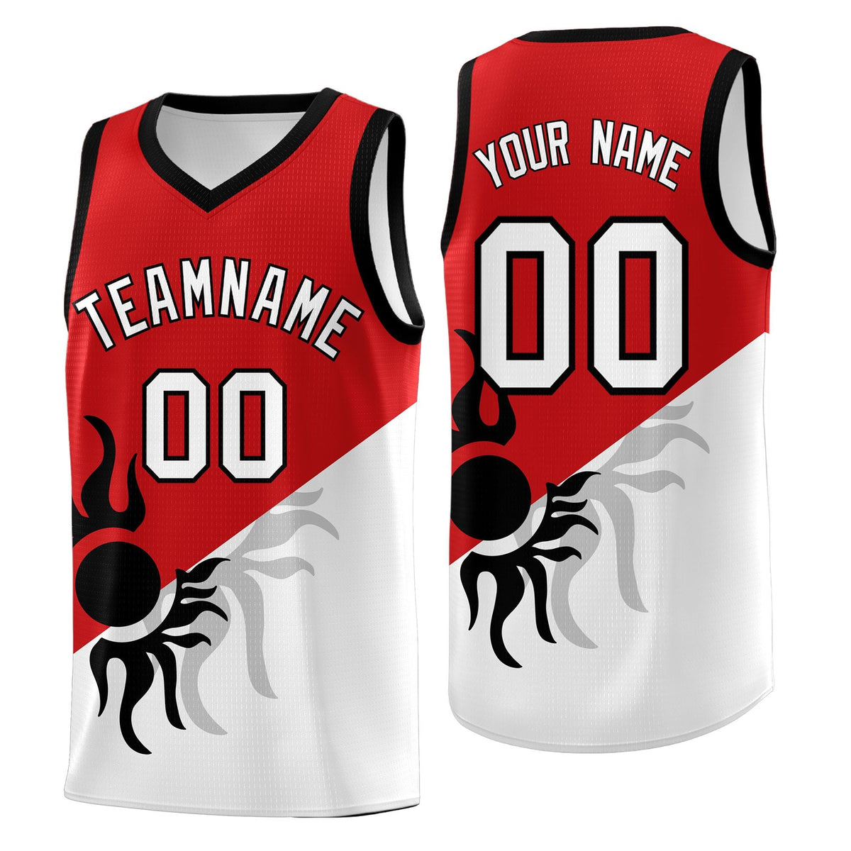Custom Youth Basketball Jerseys - Red White Sunburst Design Two Tone Uniforms
