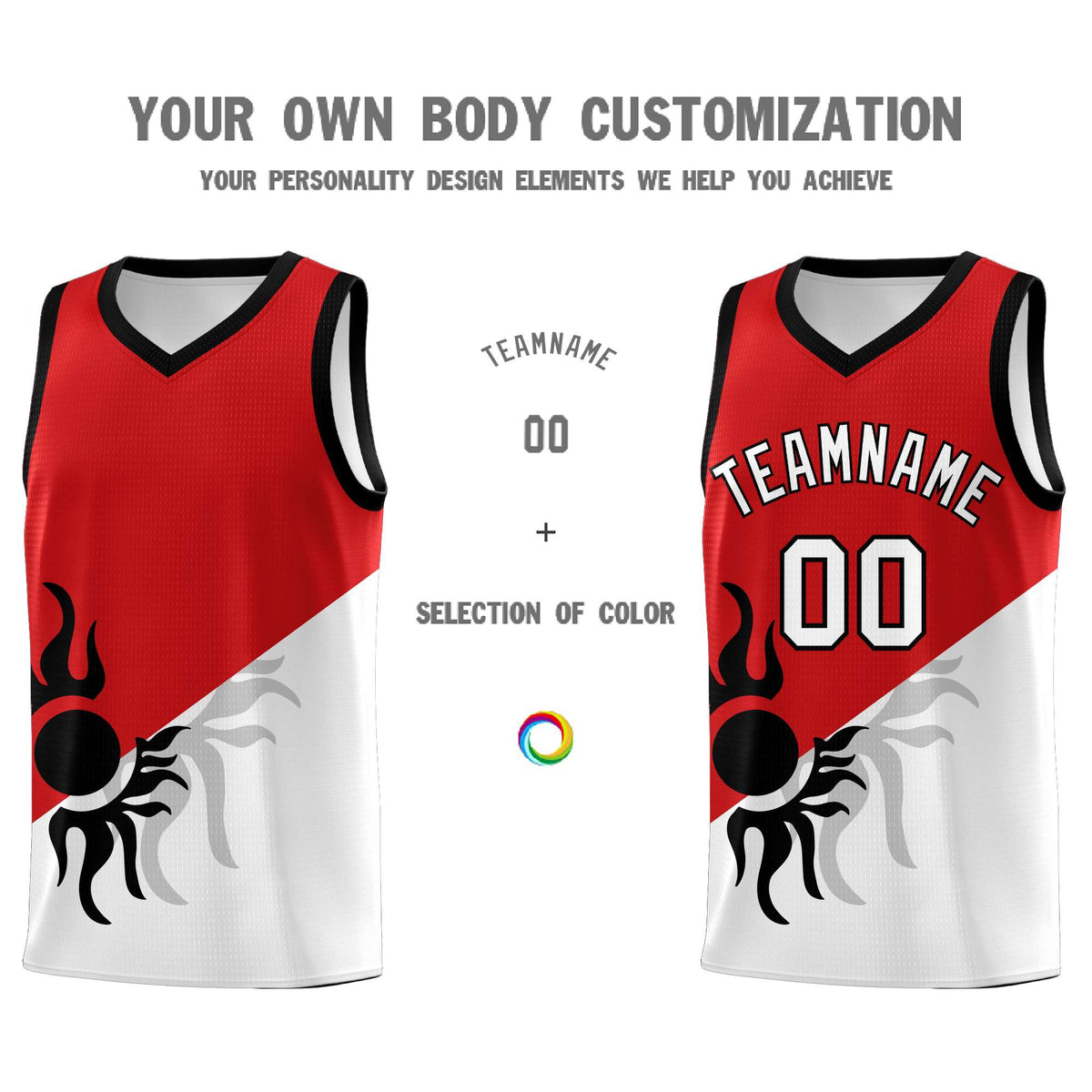 Custom Youth Basketball Jerseys - Red White Sunburst Design Two Tone Uniforms