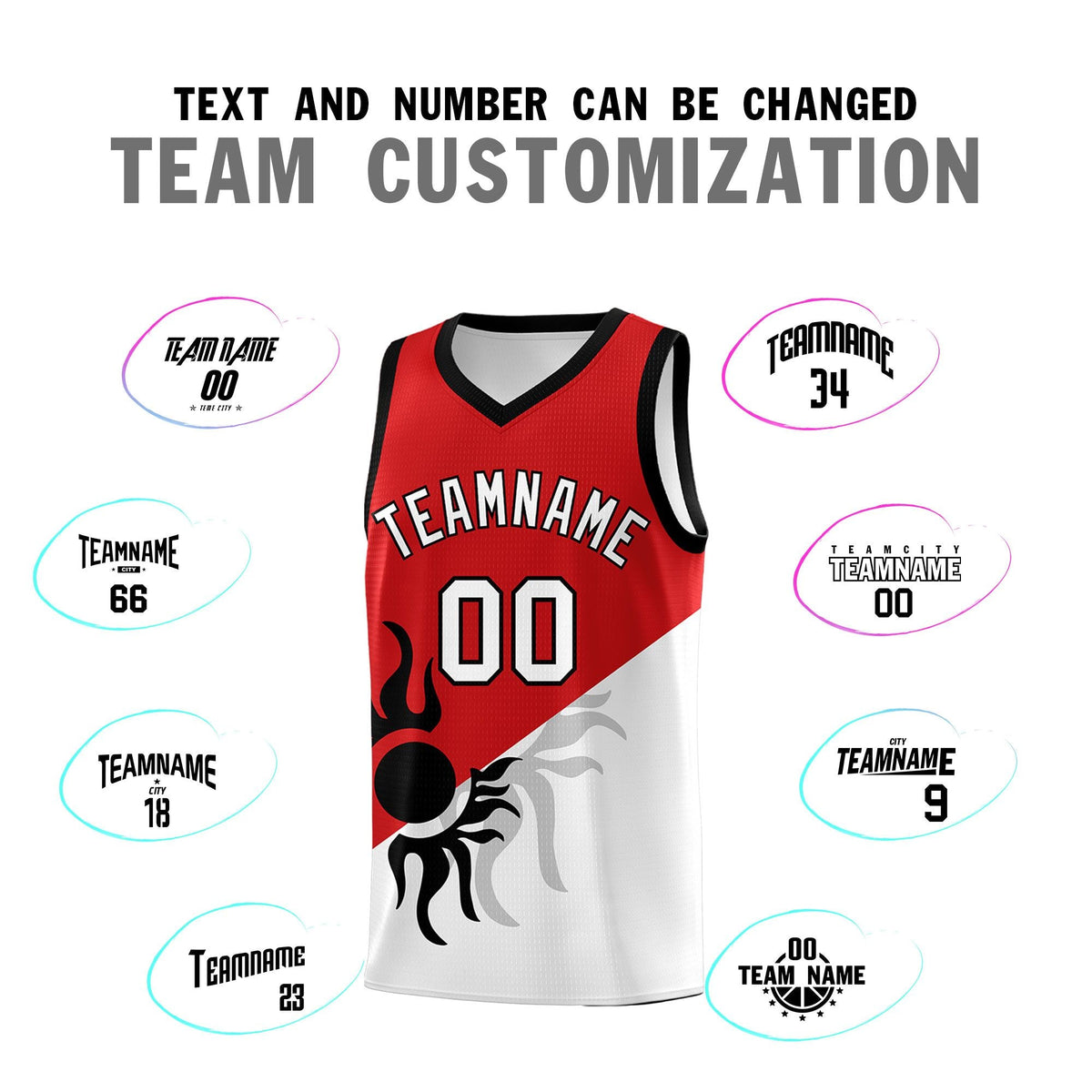 Custom Youth Basketball Jerseys - Red White Sunburst Design Two Tone Uniforms